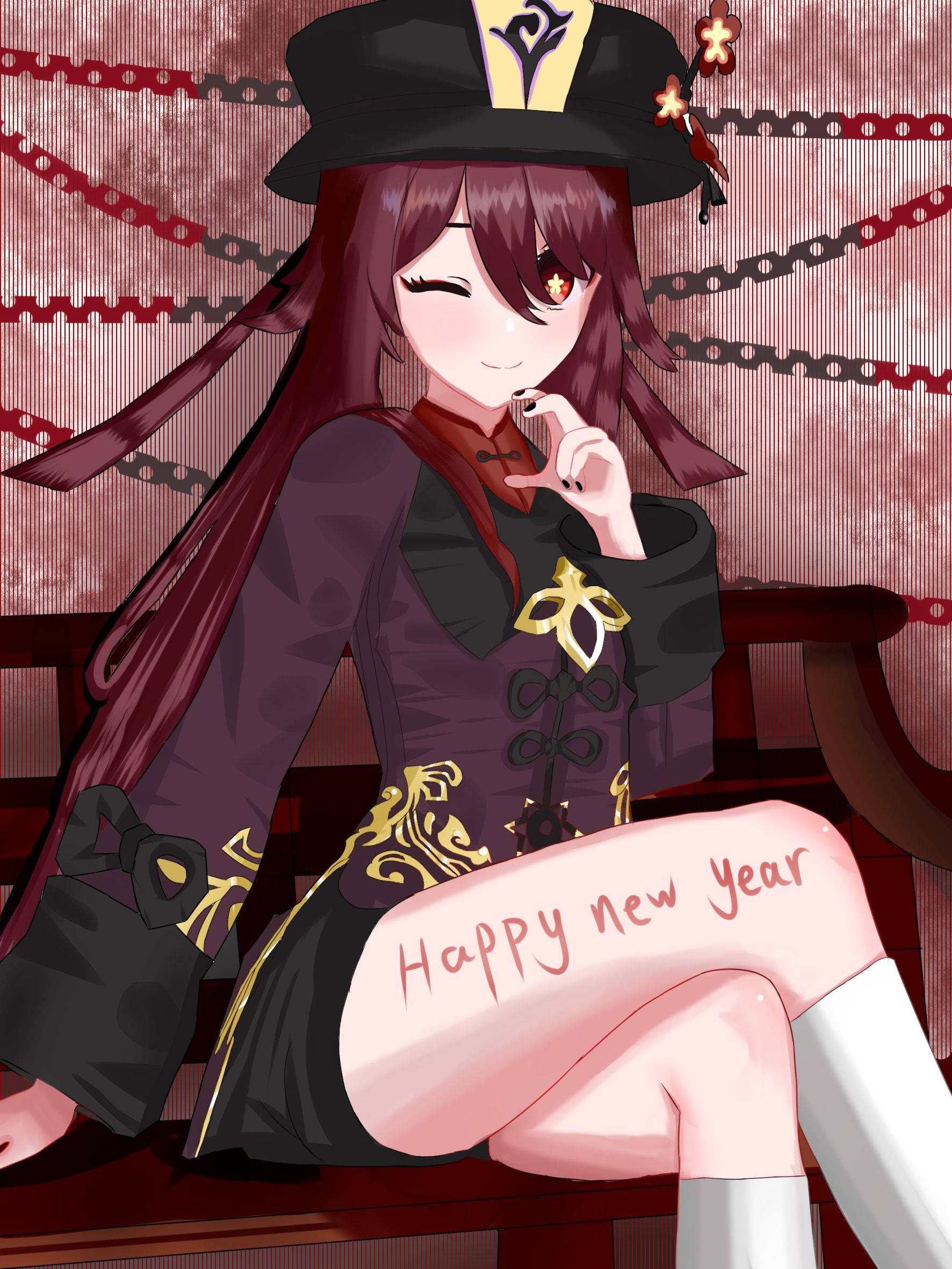 Hu Tao 新年快樂 壁紙 — 一個穿著黑色和金色服裝的開朗動漫女孩，坐在紅色長椅上眨眼，大腿上寫著「Happy New Year」。