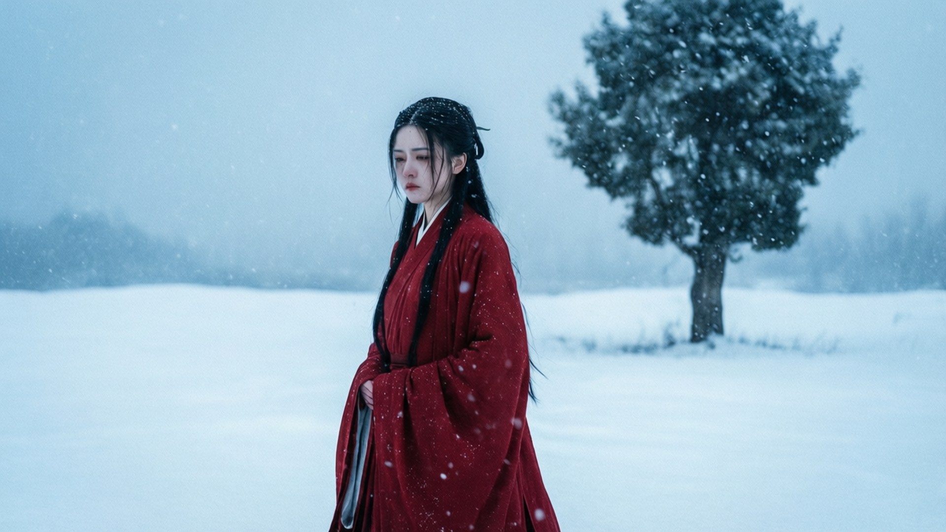 一位身穿紅色長袍的女性在雪地中站立，背景有樹，正值下雪。