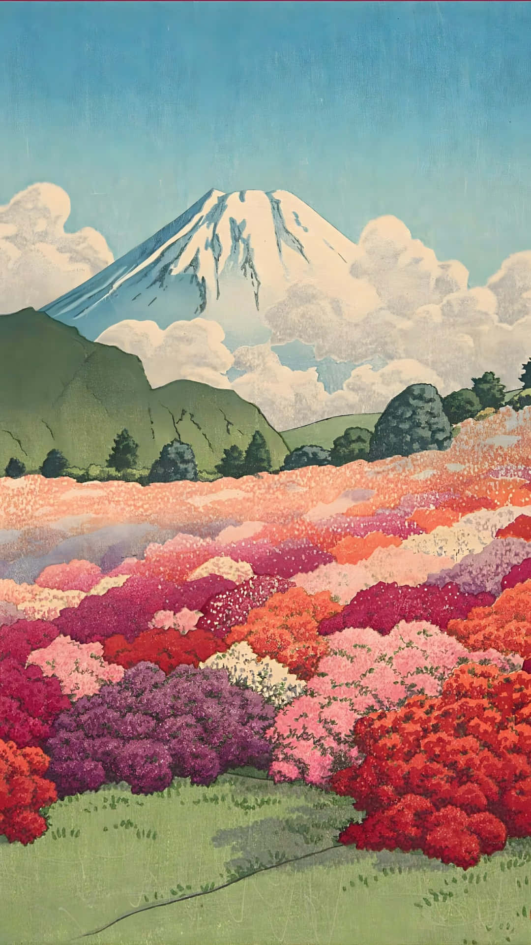  壁紙 — 一片充滿活力的花田，盛開著粉紅、紅色和紫色的花朵，在清澈的藍天下，延伸到雄偉的雪頂富士山前。