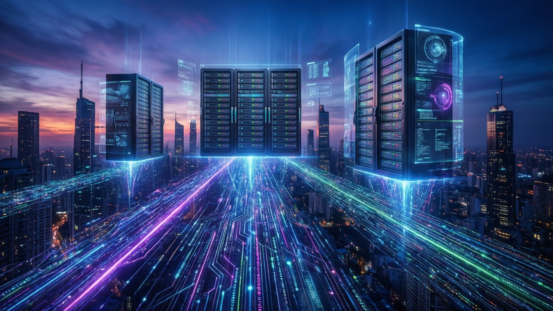IT Sector 桌布 壁紙 — 黃昏時分的未來城市天際線，發光的數據伺服器和霓虹電路路徑照亮了城市景觀。