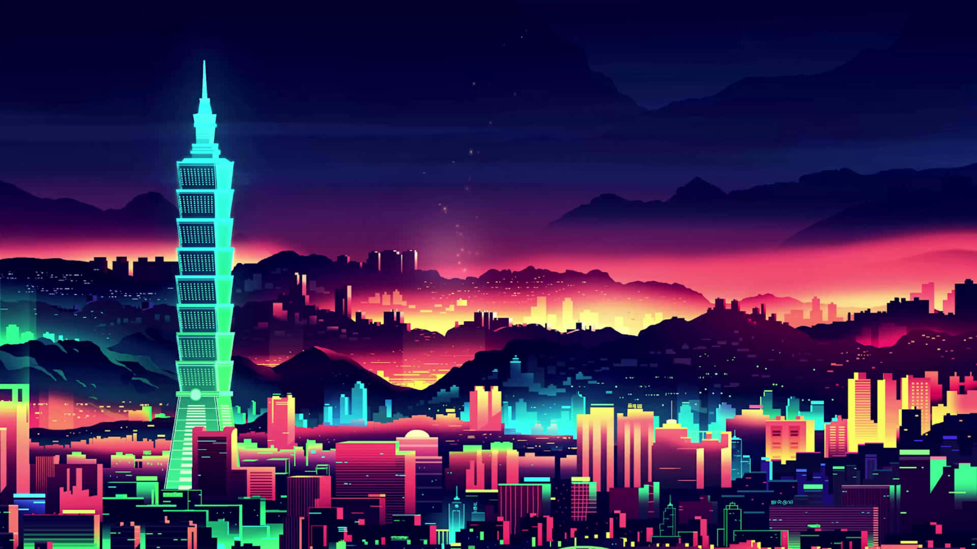  壁紙 — 黃昏時分，霓虹燈閃爍的未來城市景觀，摩天大樓在漸變的天空中發光。