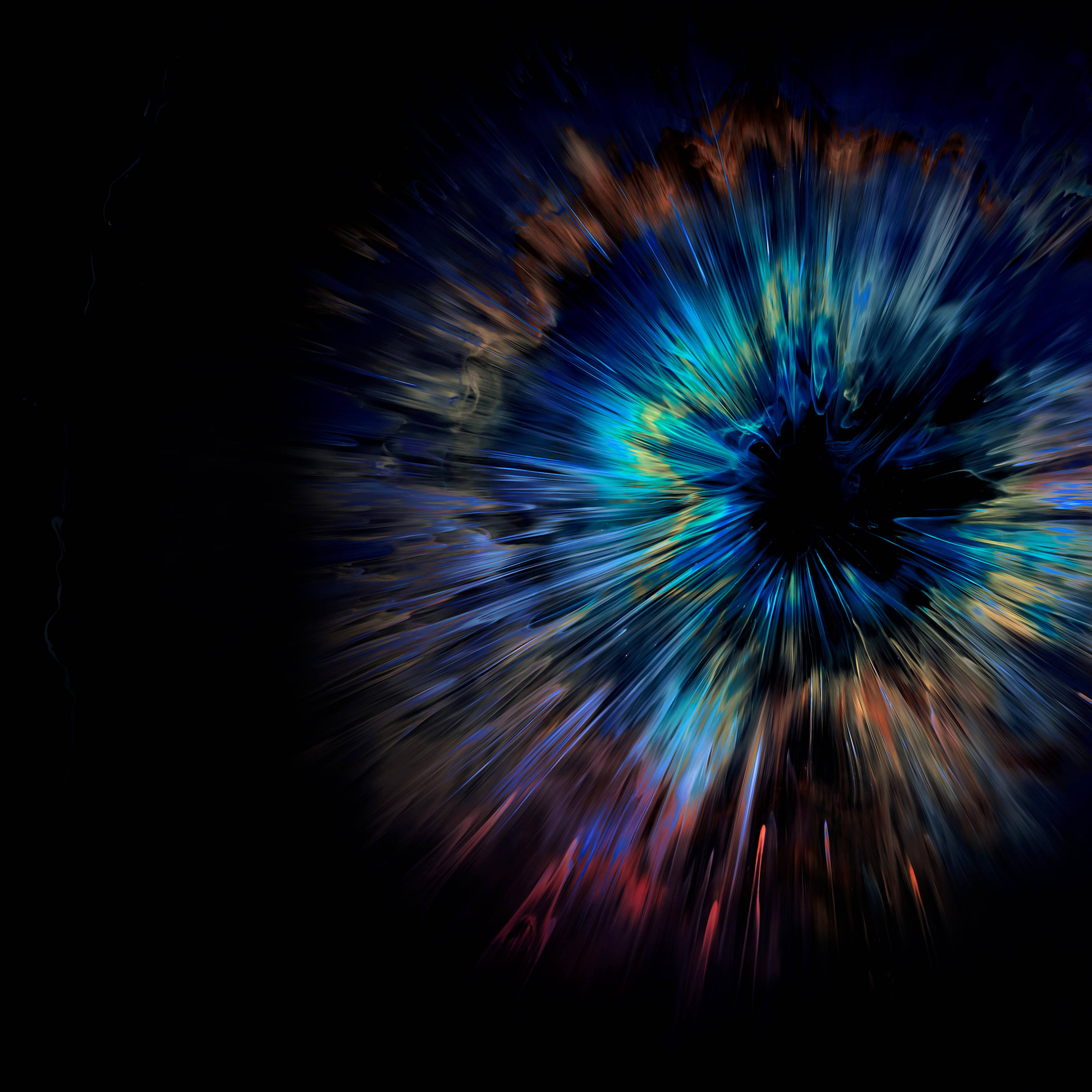 Huawei Mate 煙火 壁紙 — 一場宇宙爆炸在深邃的黑色虛空中輻射出電光藍色和火熱橙色的條紋。