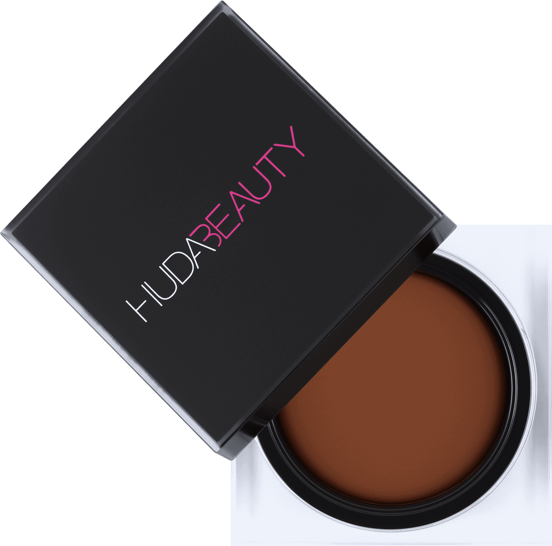 Huda Beauty 粉餅 壁紙 — 一個時尚的黑白Huda Beauty化妝粉盒，內含豐富的棕色粉末，置於黑色背景上。