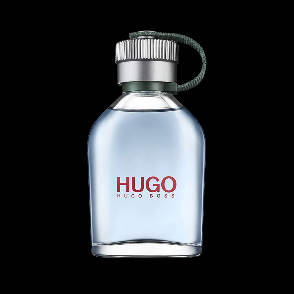 Hugo Boss香水瓶，帶有銀色瓶蓋和綠色繩圈，黑色背景。