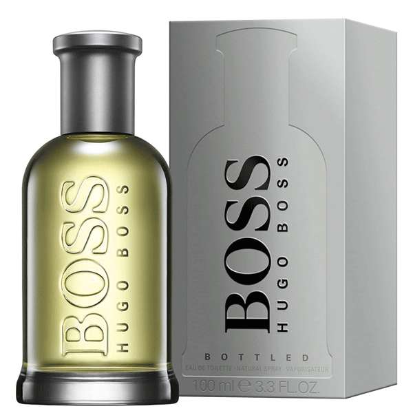 Hugo Boss Bottled香水瓶和盒子，呈現銀色和金色調。