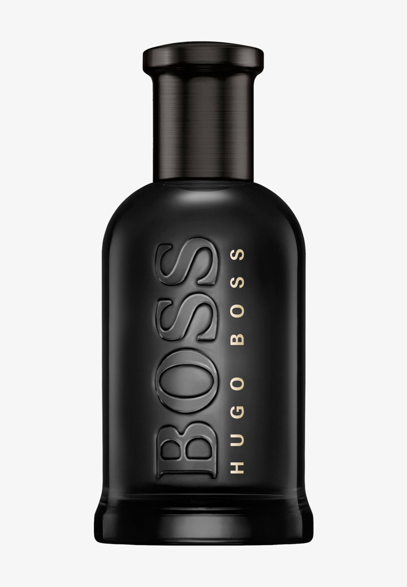 白色背景上的黑色Hugo Boss香水瓶，帶有金色文字。