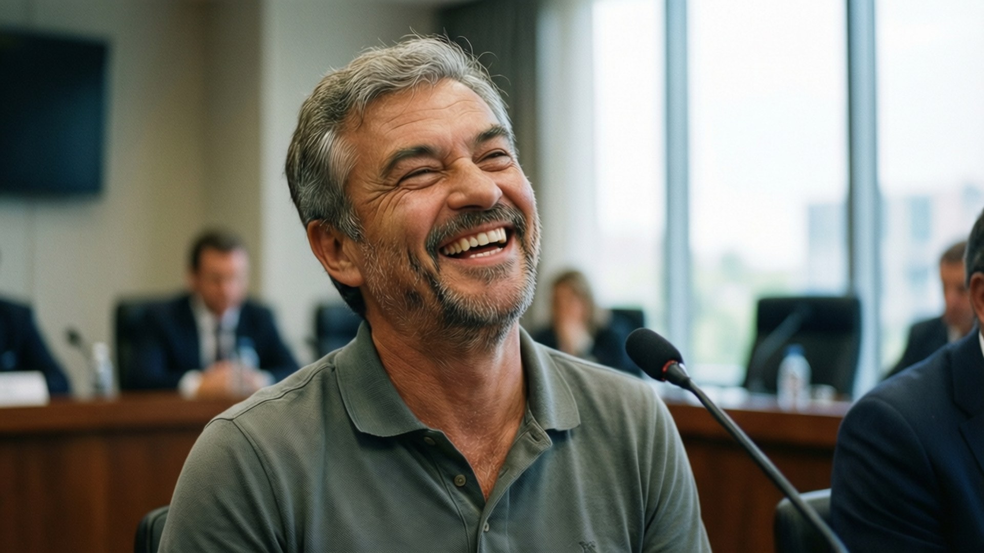 Joyful Moment 壁紙 — 一位灰髮鬍鬚的中年男子坐在有咪高峰的會議桌前開懷大笑。