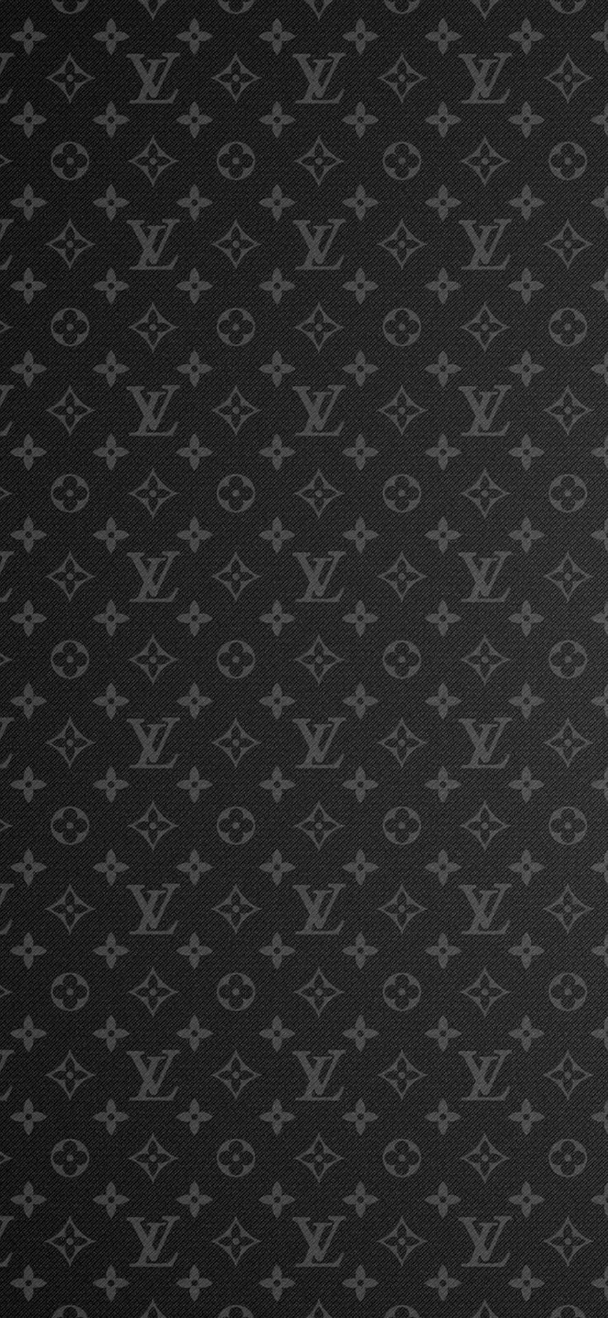 帶紋理的黑色牆紙，帶有重複的灰色Louis Vuitton字母組合圖案。