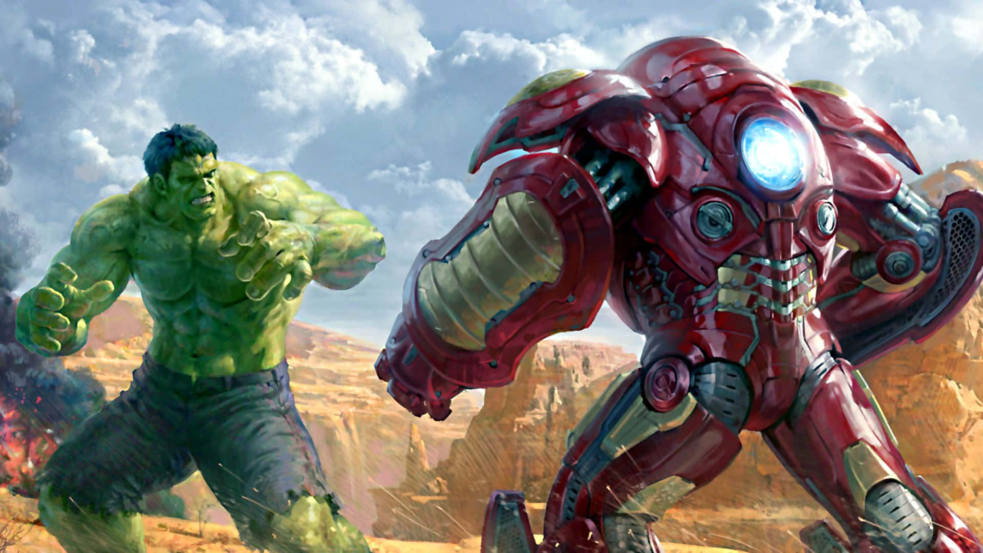  壁紙 — Hulk 與 Iron Man 在陰天下嘅沙漠峽谷中碰撞，火花四濺。