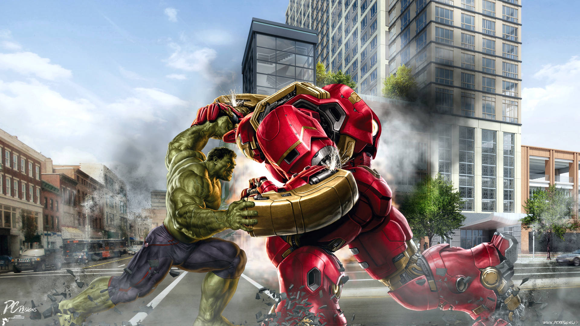 變形俠醫與鐵甲奇俠在煙霧和瓦礫中的城市街道上戰鬥。 — 4K Marvel 壁紙 壁紙