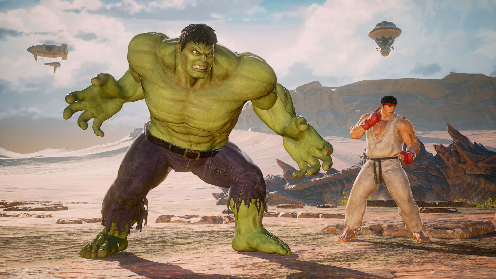 壁紙 — Hulk 同 Ryu 喺一個有飛行車輛同岩石地形嘅沙漠競技場對決，天空多雲。