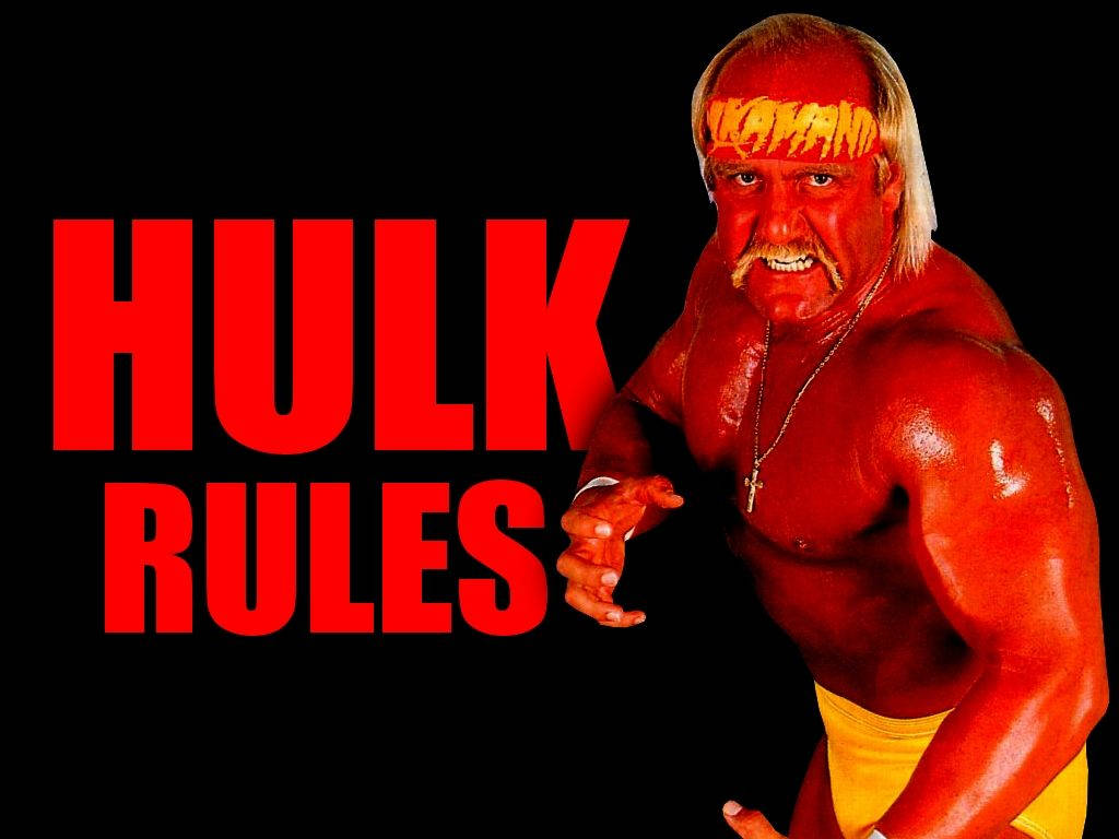 Hulk Hogan 「Hulk Rules」海報 壁紙 — Hulk Hogan 以標誌性的紅色身體彩繪和黃色短褲，在黑色背景上自信地擺出姿勢，並帶有粗體紅色 'HULK RULES' 文字。