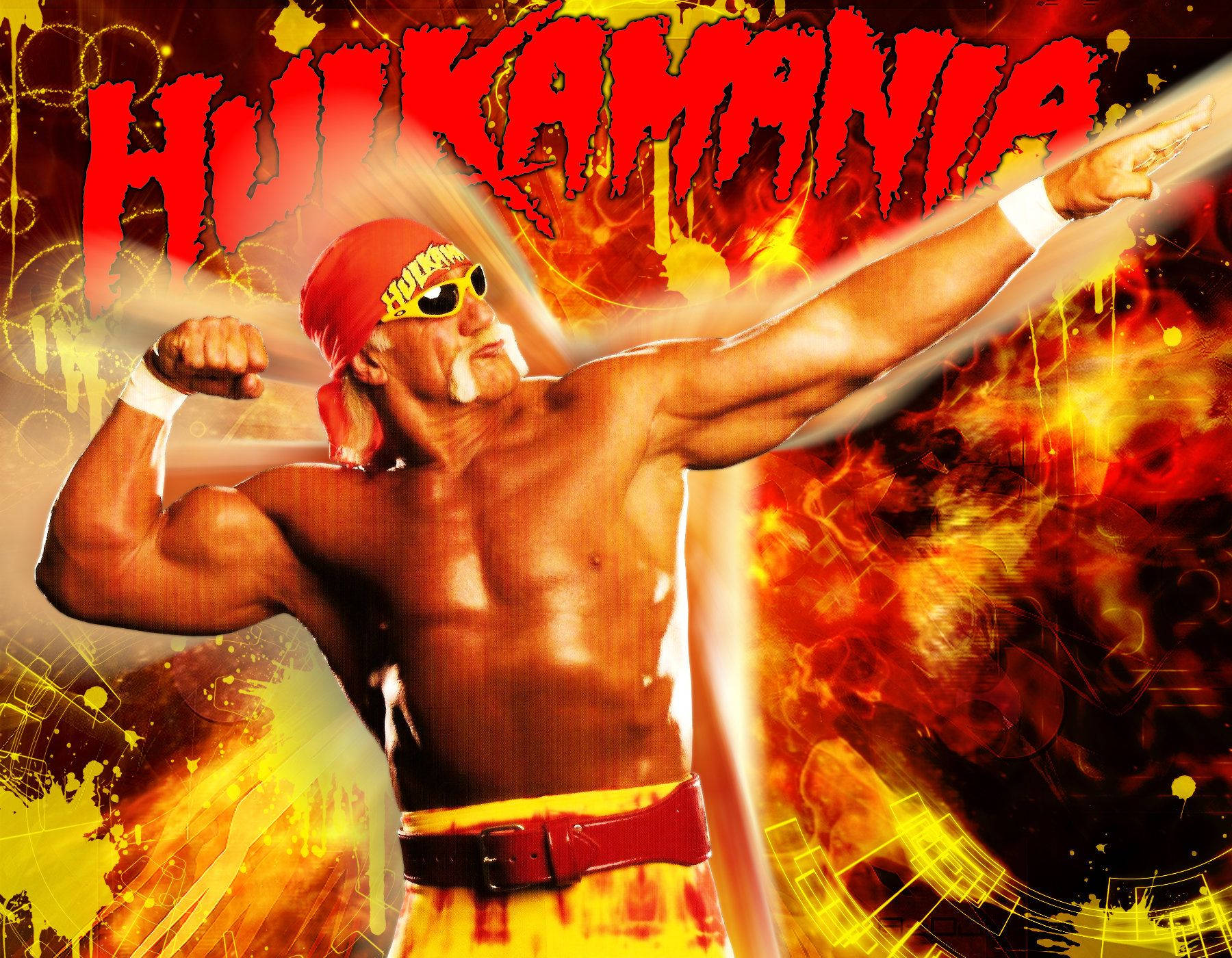 Hulk Hogan — Hulkamania的象徵 壁紙 — Hulk Hogan 在熾熱爆炸背景下強力展示肌肉，並帶有粗體紅色的 'HULKAMANIA' 文字。