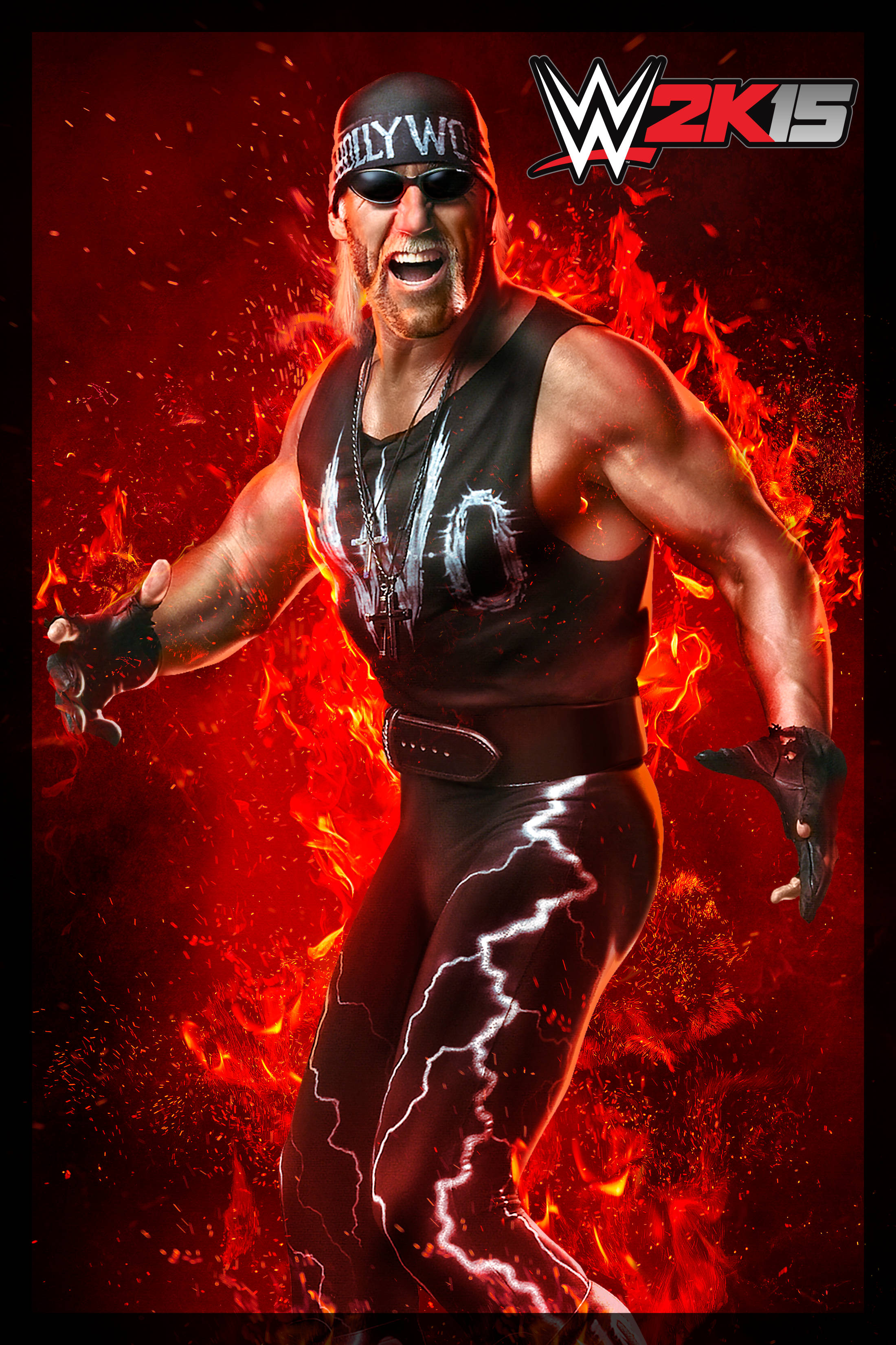 Hulk Hogan W2K15 火焰海報 壁紙 — 摔角手 Hulk Hogan 身穿黑色閃電裝備，在熾熱的紅色火焰中咆哮，上方有 WWE 2K15 標誌。