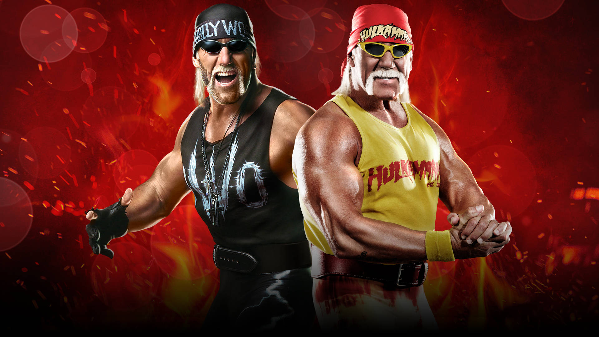 Hulk Hogan 兩種化身 壁紙 — 兩位肌肉發達的摔角手 Hulk Hogan 和 Randy Savage 在火花四濺的熾熱紅色背景前動態擺姿勢。