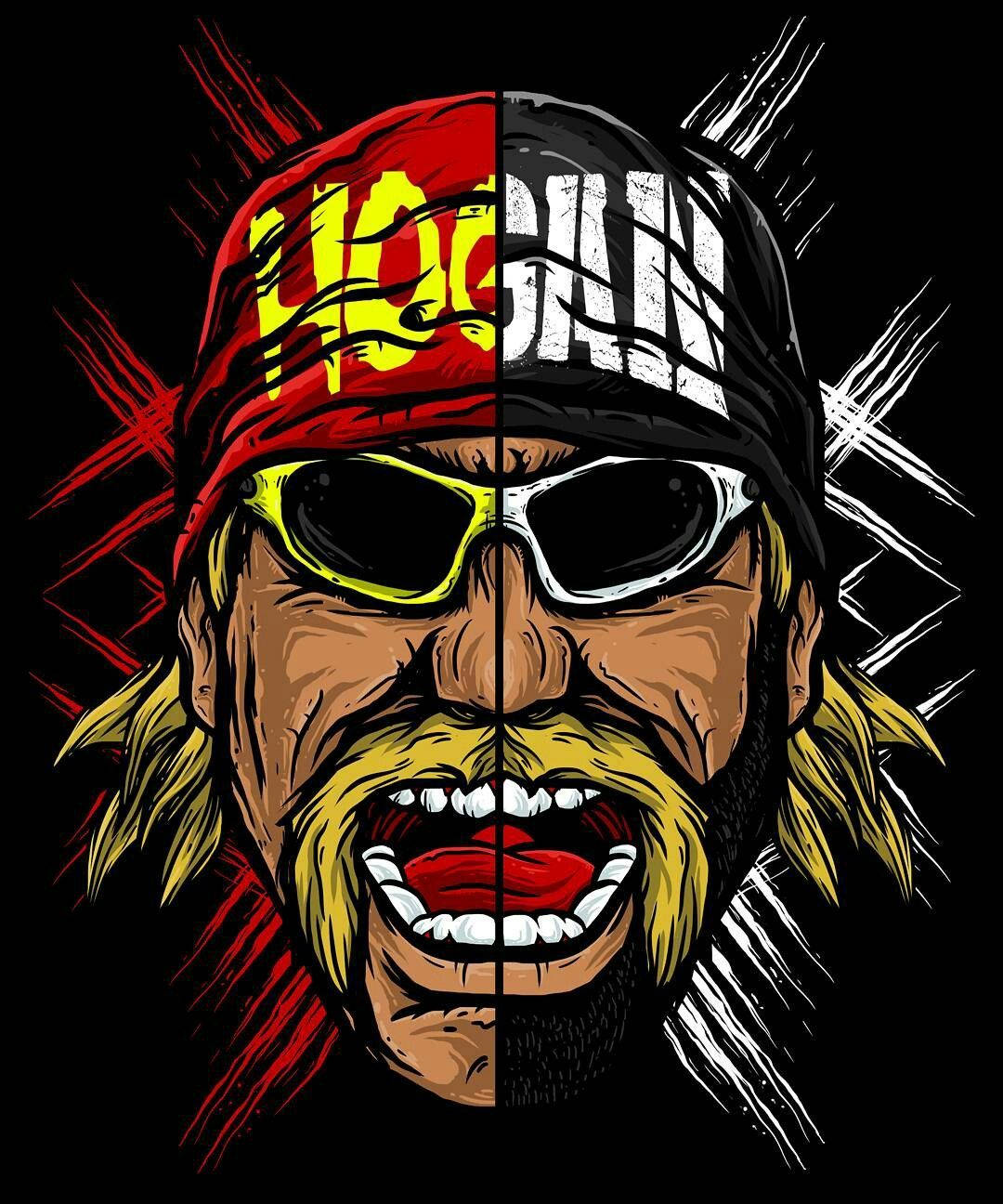 Hulk Hogan 卡通藝術 壁紙 — Hulk Hogan 的分面插圖，紅色和黑色各半，黃色頭髮，太陽眼鏡，在黑色背景上咆哮的表情。