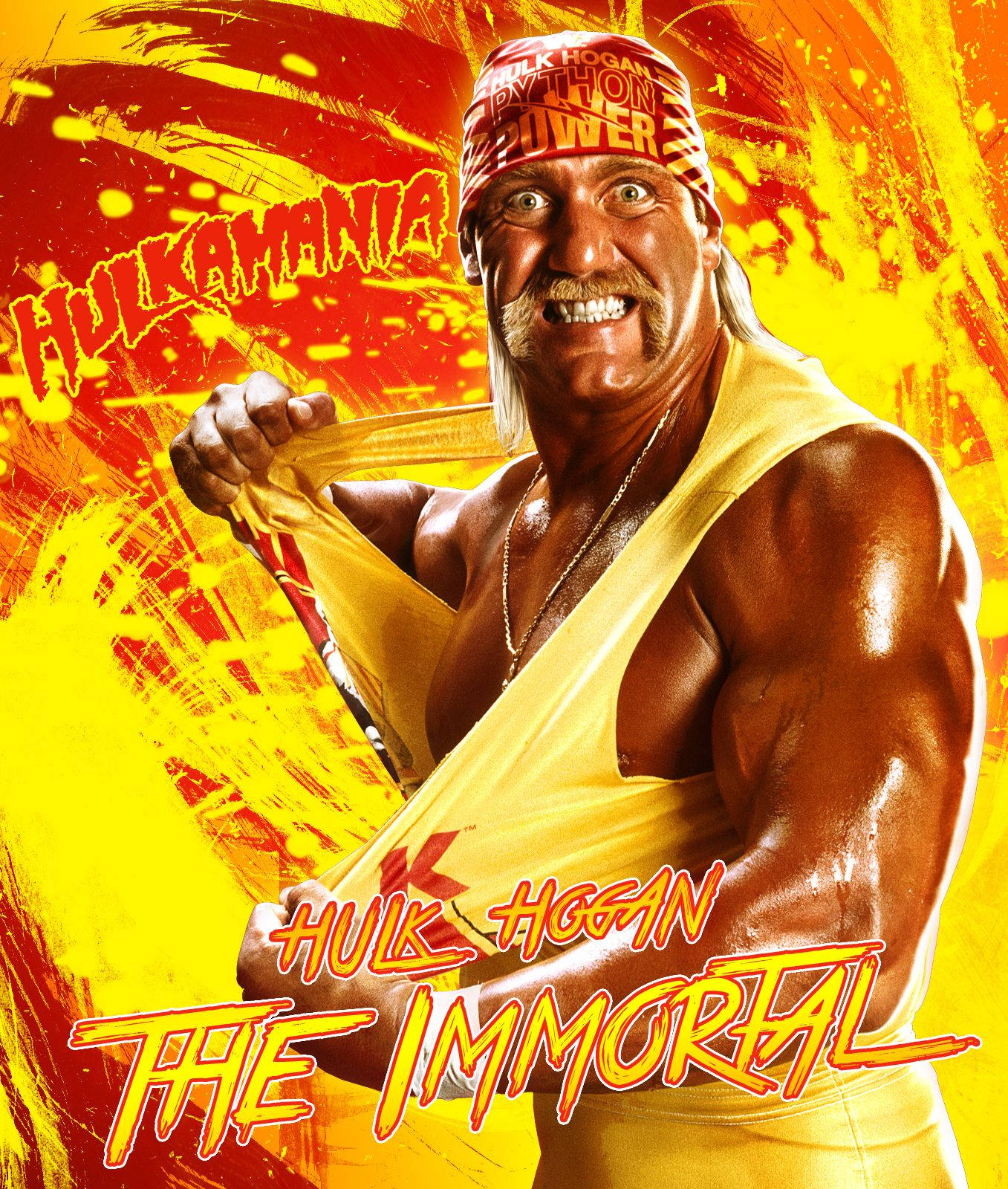 Hulk Hogan 拆解黃衫海報 壁紙 — Hulk Hogan 身穿標誌性黃色摔角裝備，在火紅與黃色背景上搭配粗體文字，露出兇猛的笑容。