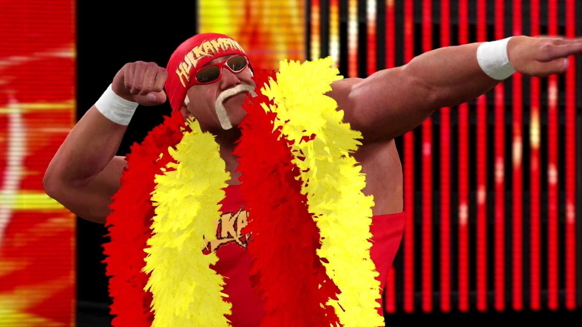 Hulk Hogan 摔角傳奇 壁紙 — Hulk Hogan 身穿標誌性的紅黃色服裝，在鮮豔的紅黃條紋背景前擺出勝利姿勢。
