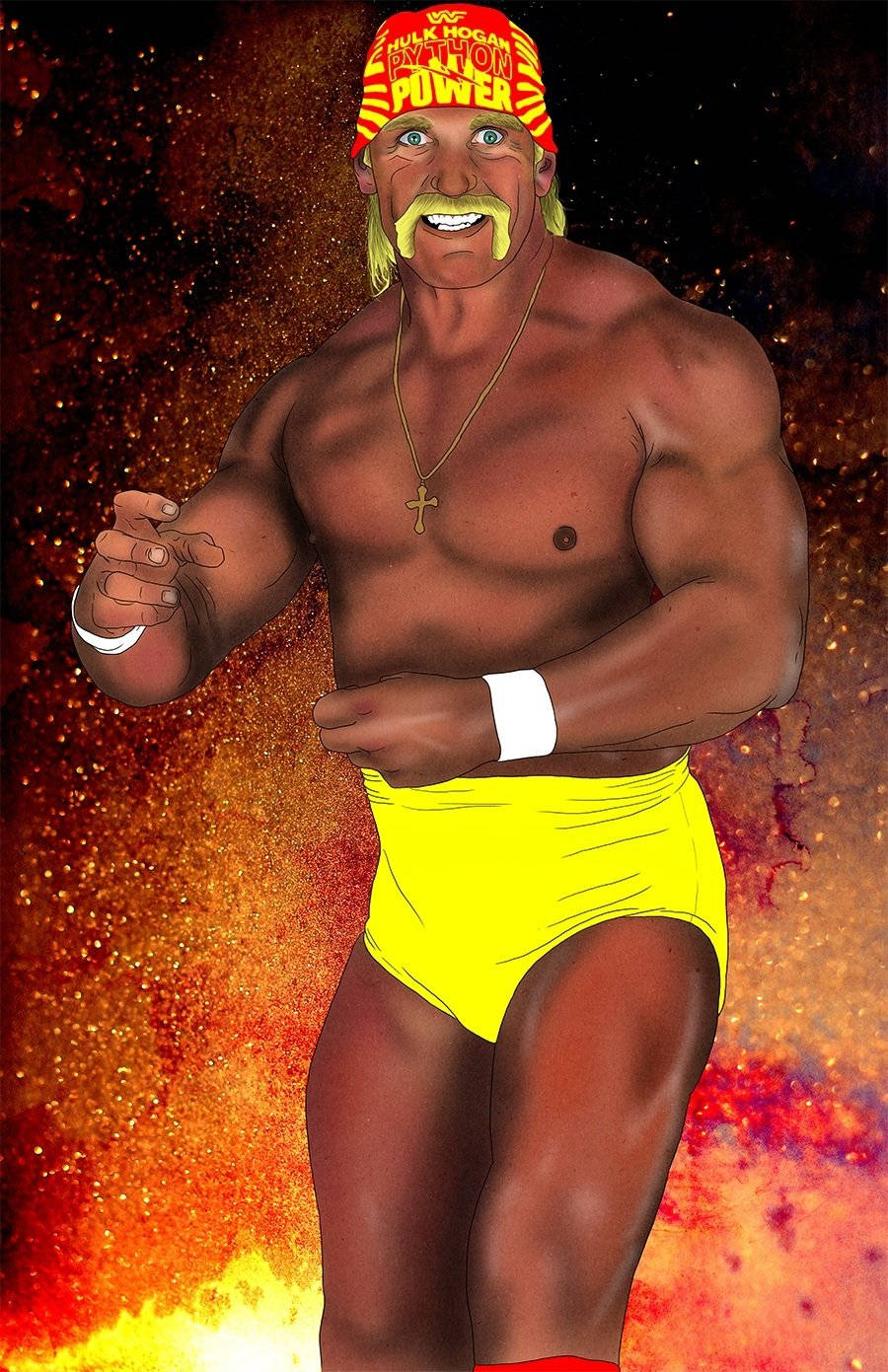 Hulk Hogan 數位寫實畫作 壁紙 — Hulk Hogan 穿著標誌性的黃色短褲和紅色頭巾，自信地站在熾熱的宇宙背景前。