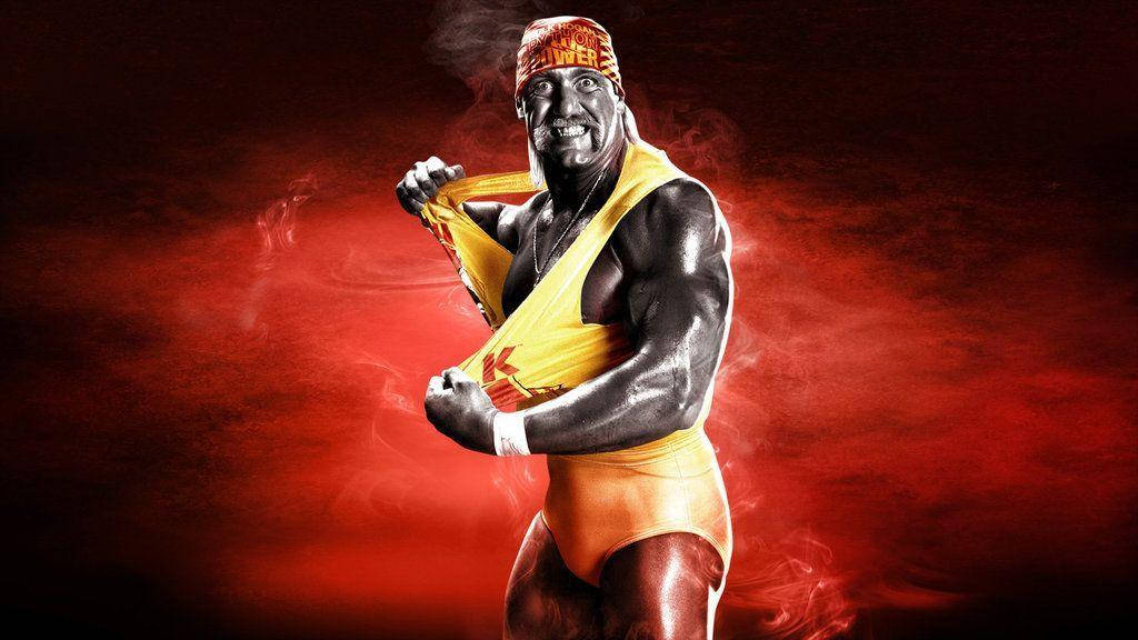 Hulk Hogan 最簡風格海報 壁紙 — 一位肌肉發達的摔角手穿著黃色緊身衣和紅色頭帶，在煙霧瀰漫的紅色背景前擺出挑釁姿勢。