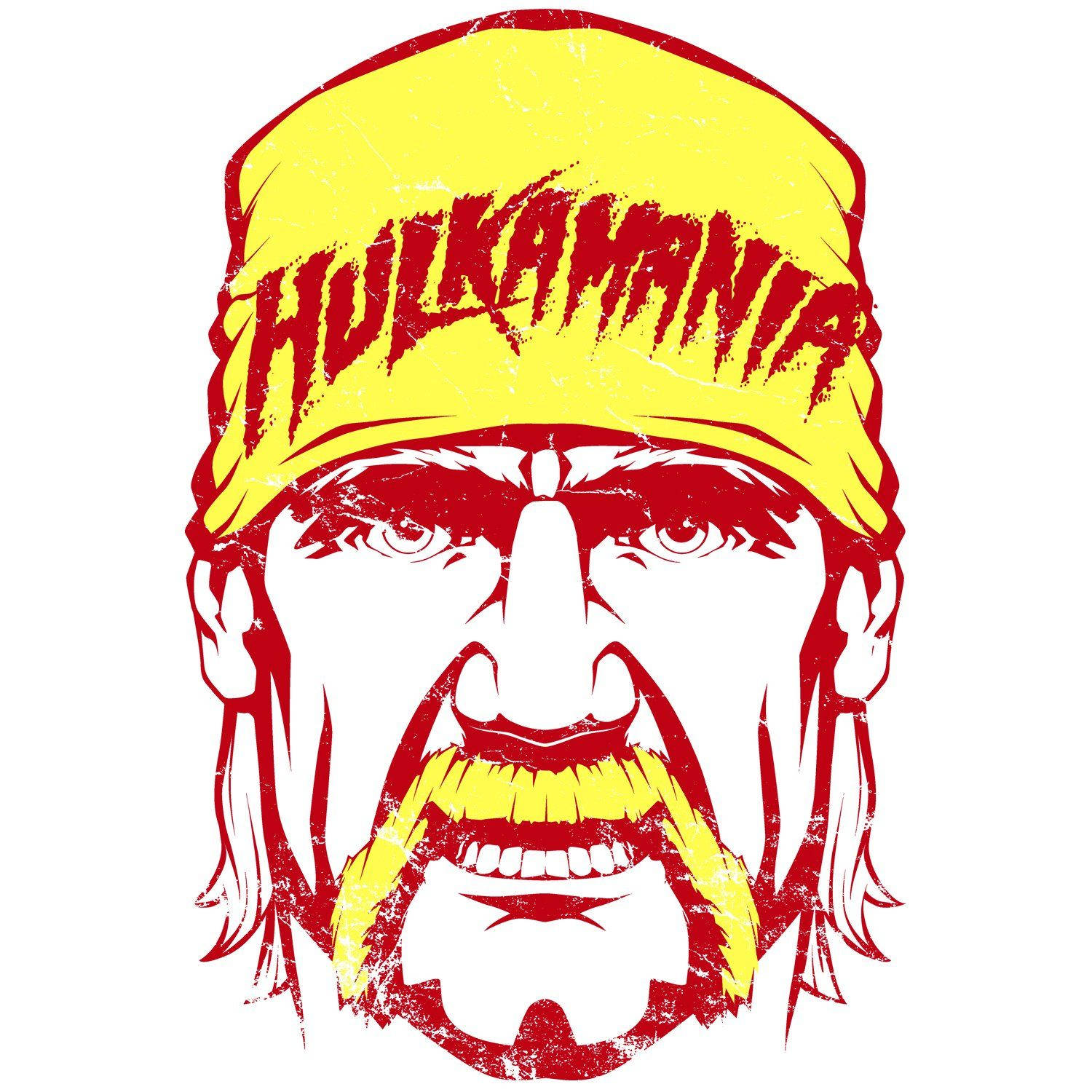 Hulk Hogan 矢量肖像 壁紙 — 一張大膽的圖形插圖，描繪了霍克·霍根的臉，戴著黃色頭巾，上面有紅色的Hulkamania字樣，背景為白色。