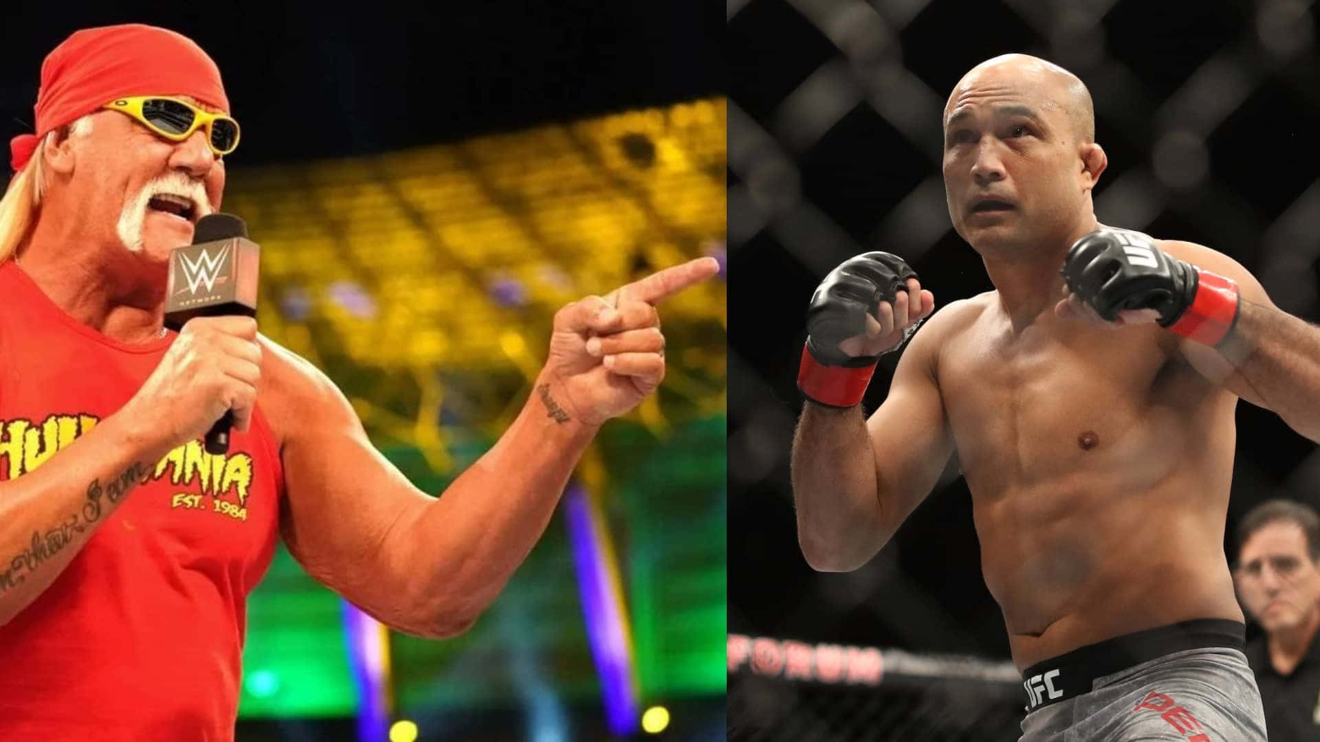 Hulk Hogan與BJ Penn 壁紙 — 身穿紅色WWE裝備的Hulk Hogan在籠中精力充沛地指向旁邊一位赤裸上身的UFC拳手。