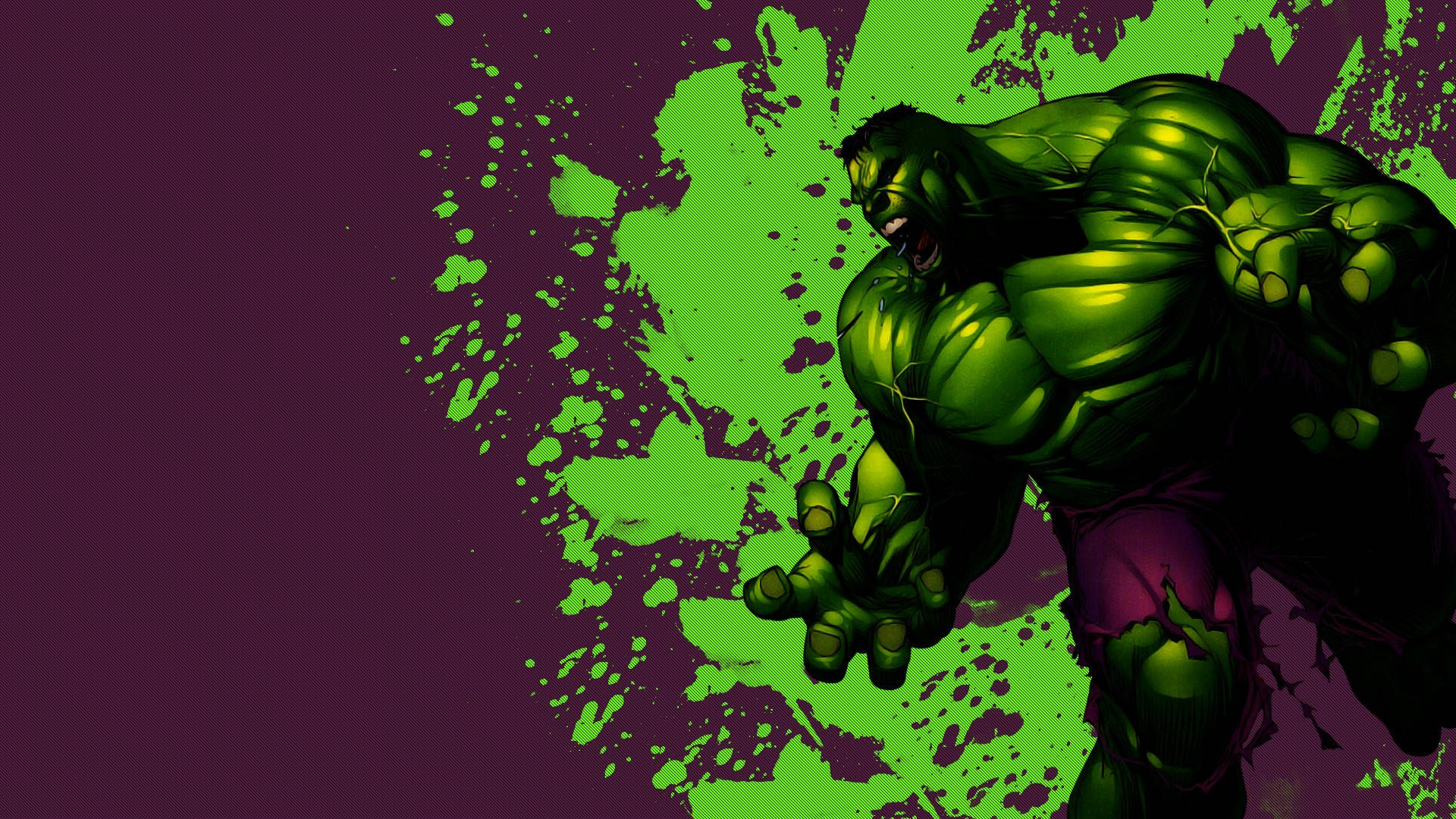 綠色飛濺的驚奇 Hulk 壁紙 — 變形俠醫在充滿活力的綠色和紫色飛濺背景下握緊拳頭咆哮。