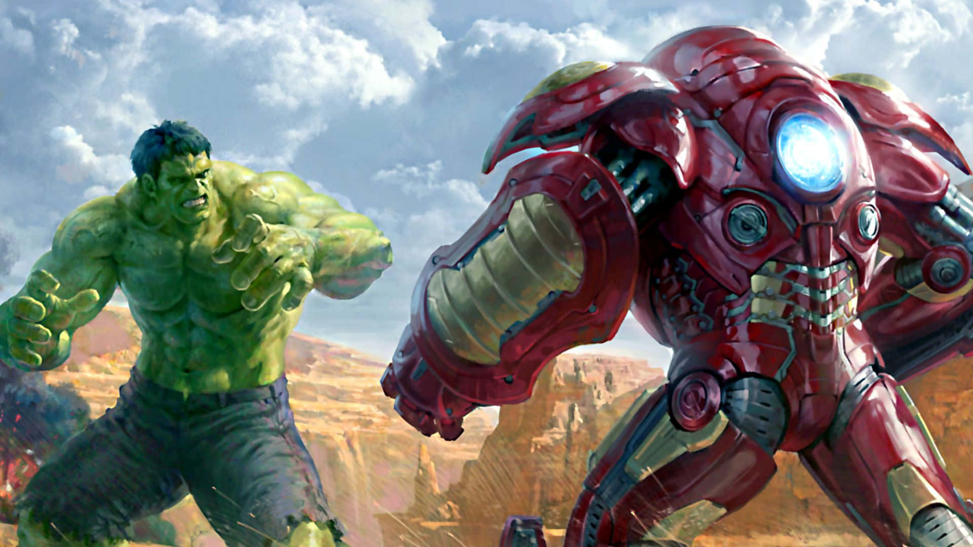 Iron Man Vs Hulk 桌布 壁紙 — Hulk 與 Iron Man 在陰天嘅沙漠峽谷中碰撞，火花四濺。