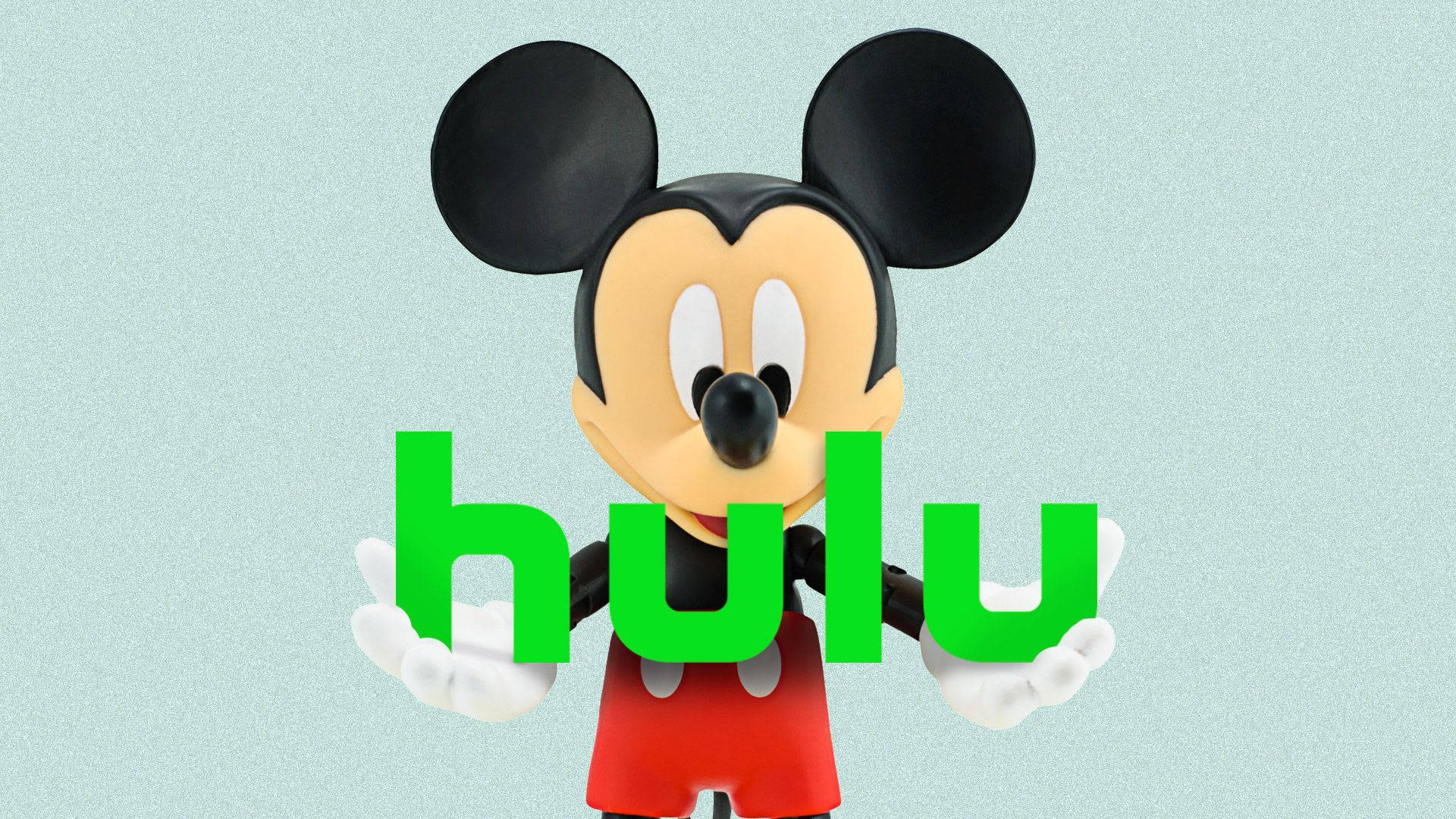 Hulu與米奇老鼠 壁紙 — 米奇老鼠公仔喺淺藍色紋理背景上拎住綠色Hulu標誌。