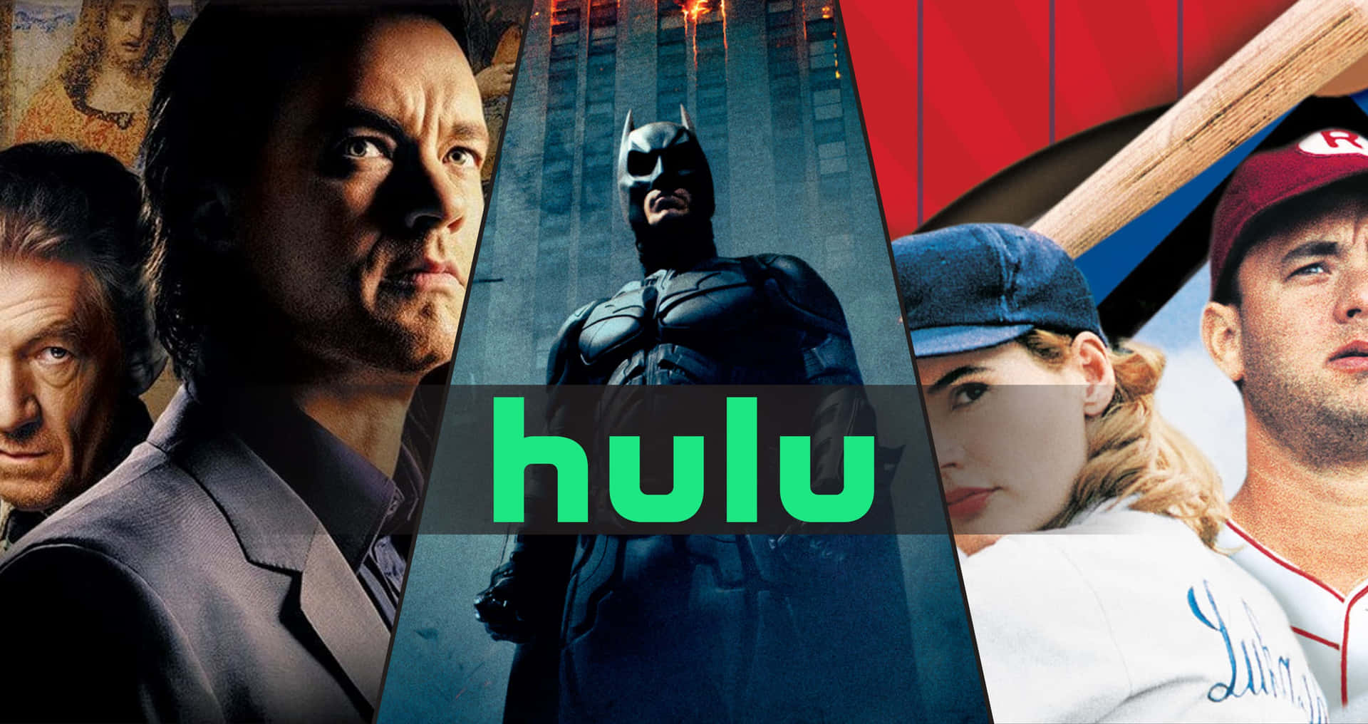 Hulu 標誌與蝙蝠俠、棒球運動員和電影演員在宣傳拼貼畫中。
