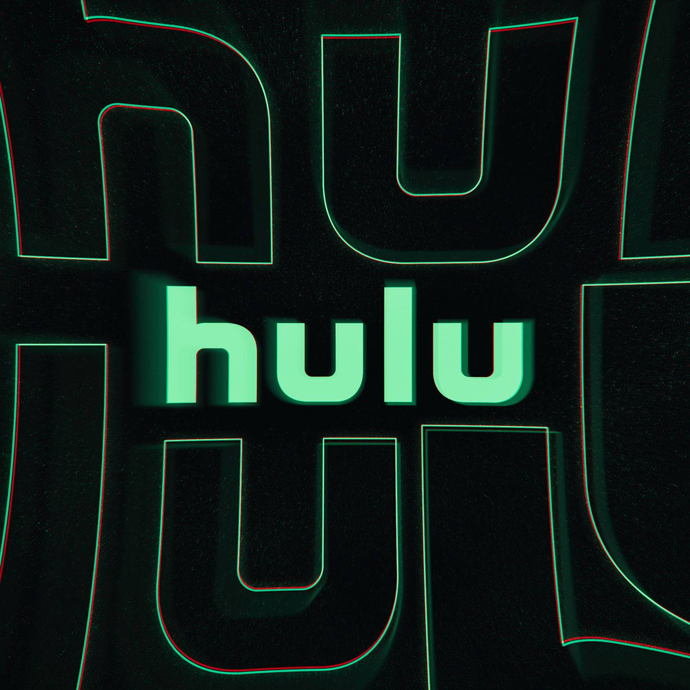 Hulu 霓虹故障風 壁紙 — 一個發光綠色hulu標誌，帶有故障風格的紅色輪廓，背景為深色紋理。