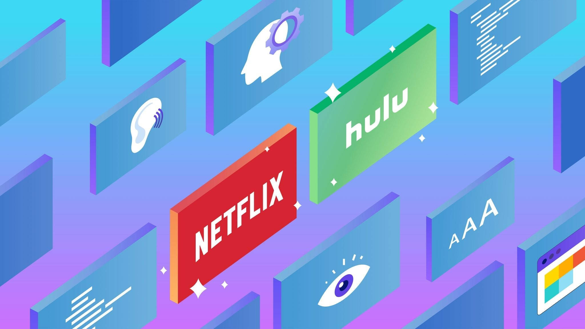 Hulu與Netflix合體 壁紙 — 在漸變紫色和藍色背景上漂浮的串流服務標誌的等距數位插圖。