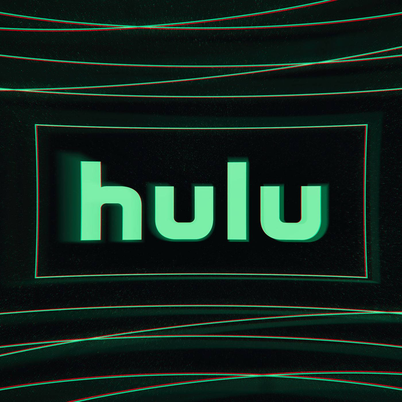 Hulu標誌故障特效 壁紙 — 一個發光的綠色 Hulu 標誌居中在黑暗空間中，帶有彎曲的紅色和綠色線條，營造出數位故障效果。
