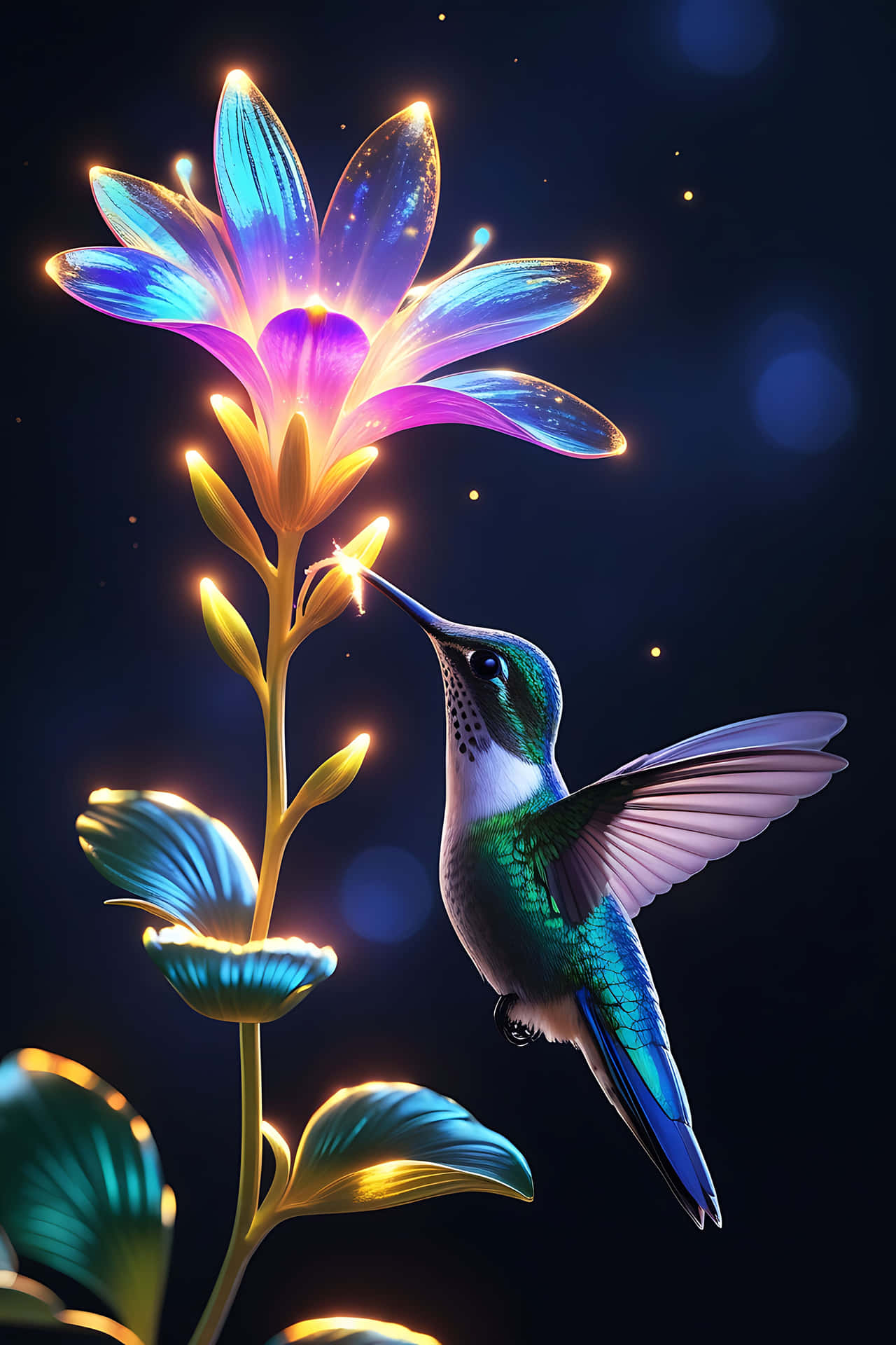 一隻蜂鳥在黑暗星空中靠近一朵發光的花朵盤旋。