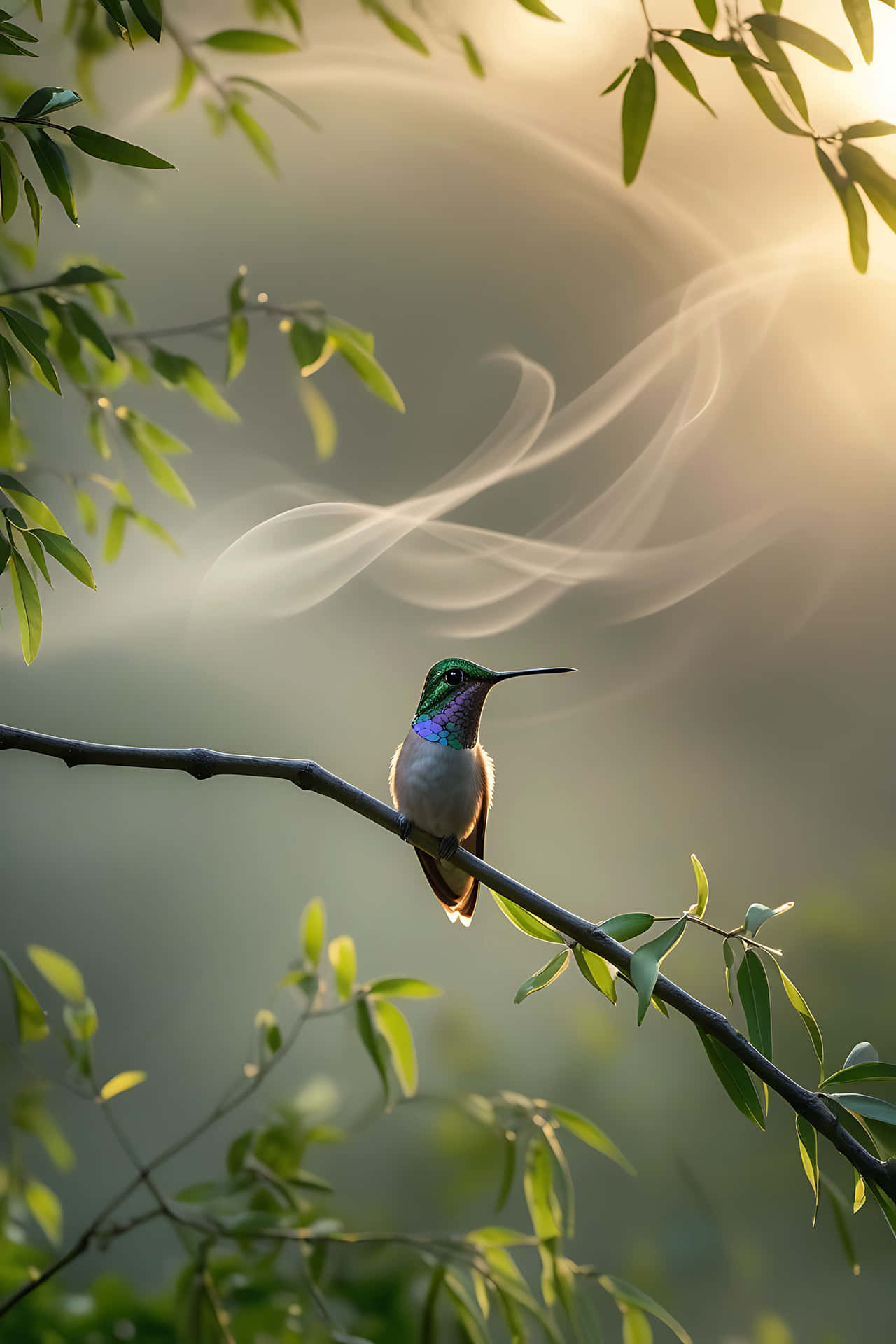 一隻蜂鳥棲息在樹枝上，金色光芒和煙霧在它身後穿過綠色樹葉旋轉。