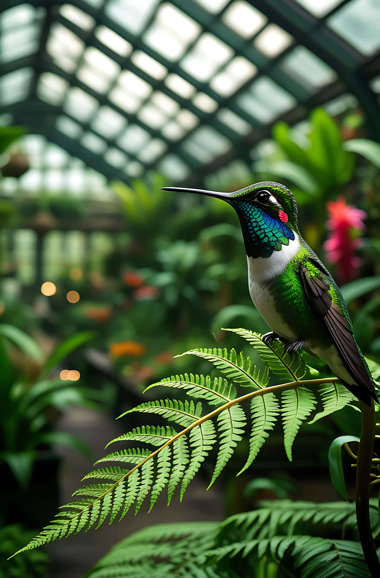 Hummingbird perched on fern in conservatory 壁紙 — 一隻充滿活力的綠色蜂鳥，帶有虹彩色的喉嚨，棲息在玻璃圓頂溫室內的蕨類植物葉片上。