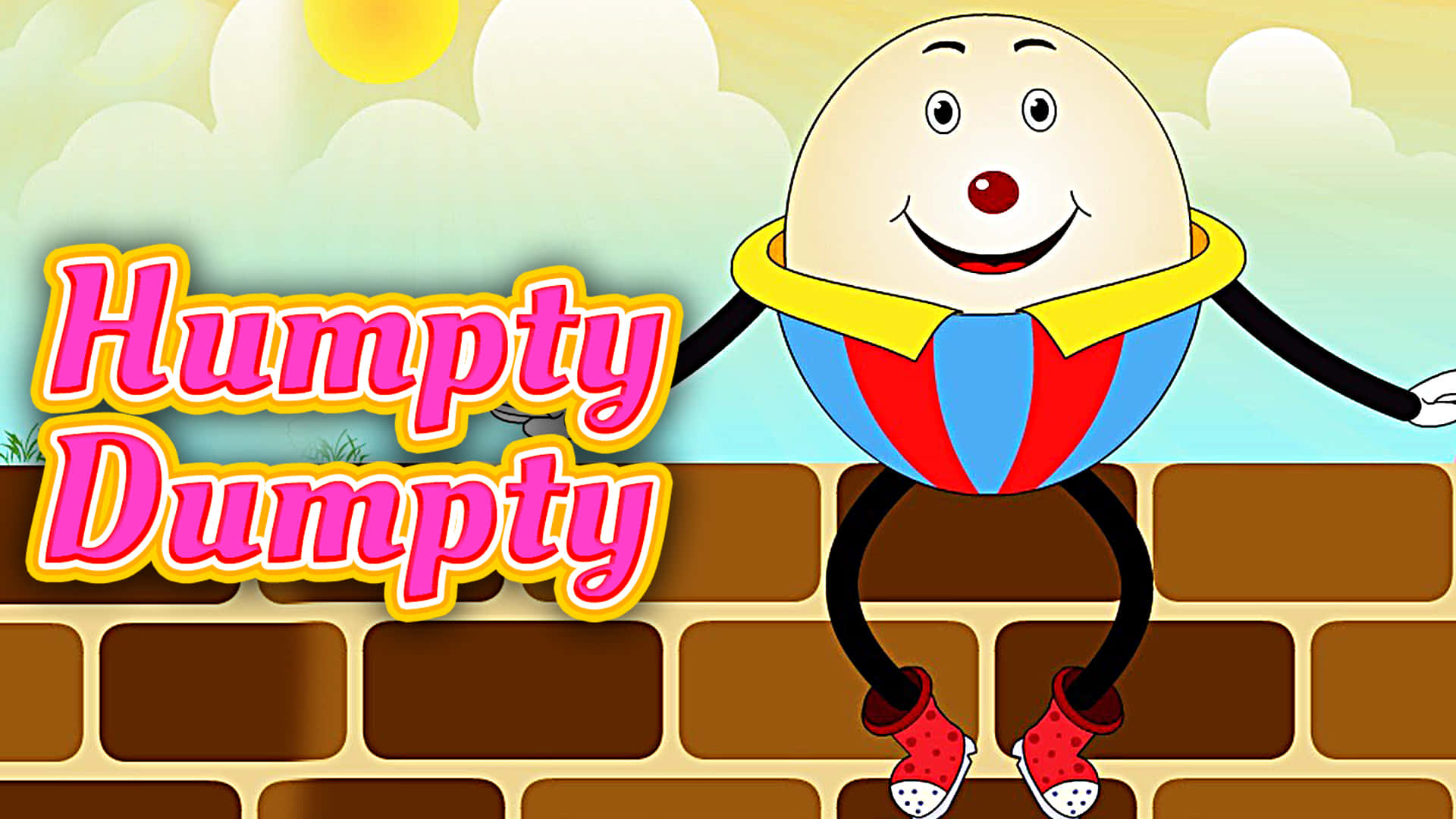 生動的 Humpty Dumpty 插圖 壁紙 — 一個開心的卡通 Humpty Dumpty 坐在磚牆上，天空晴朗，有 fluffy 雲。