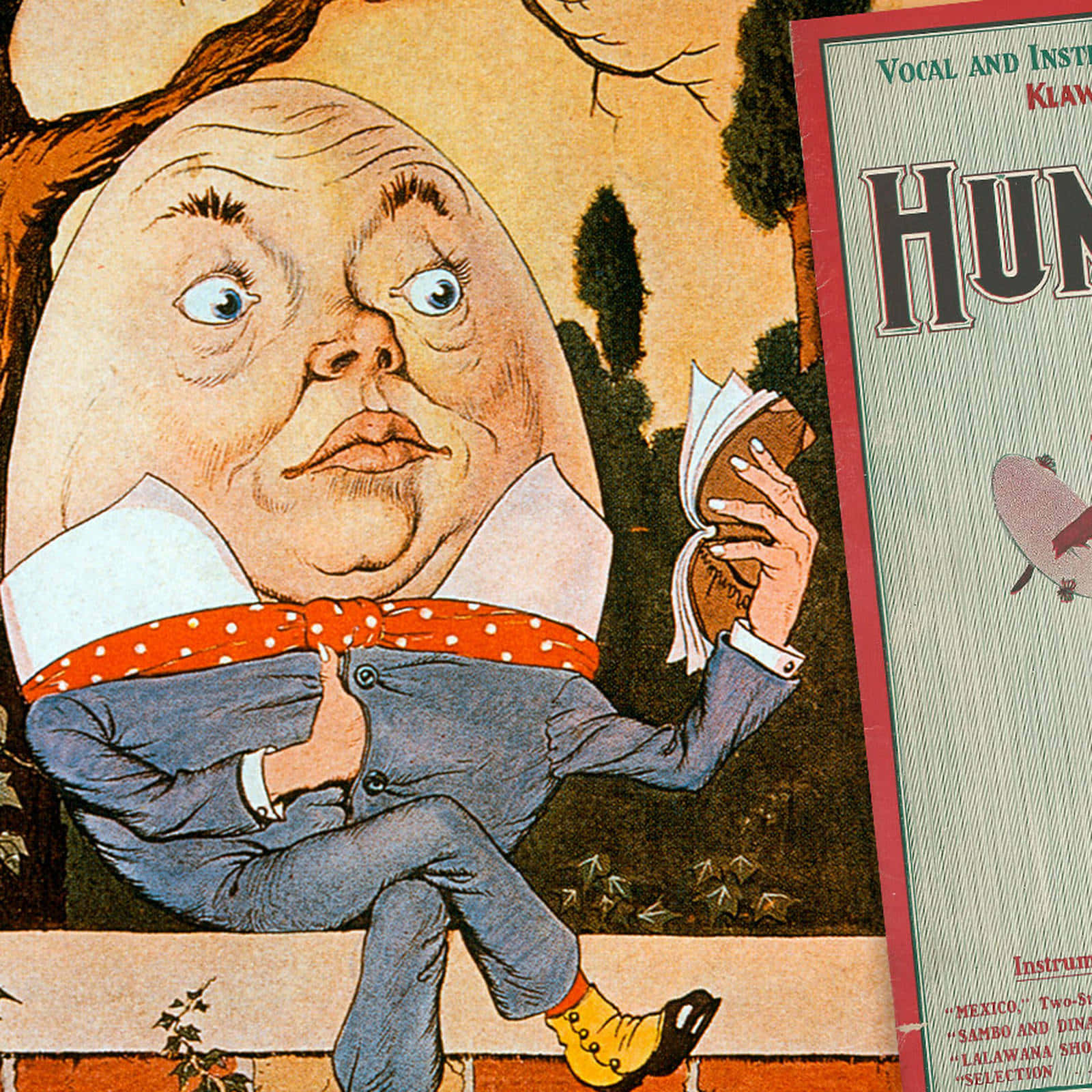 Humpty Dumpty 古典書籍封面圖像 壁紙 — 一幅復古插圖，描繪一個光頭、大眼睛的男人坐在戶外石檯上閱讀書籍。