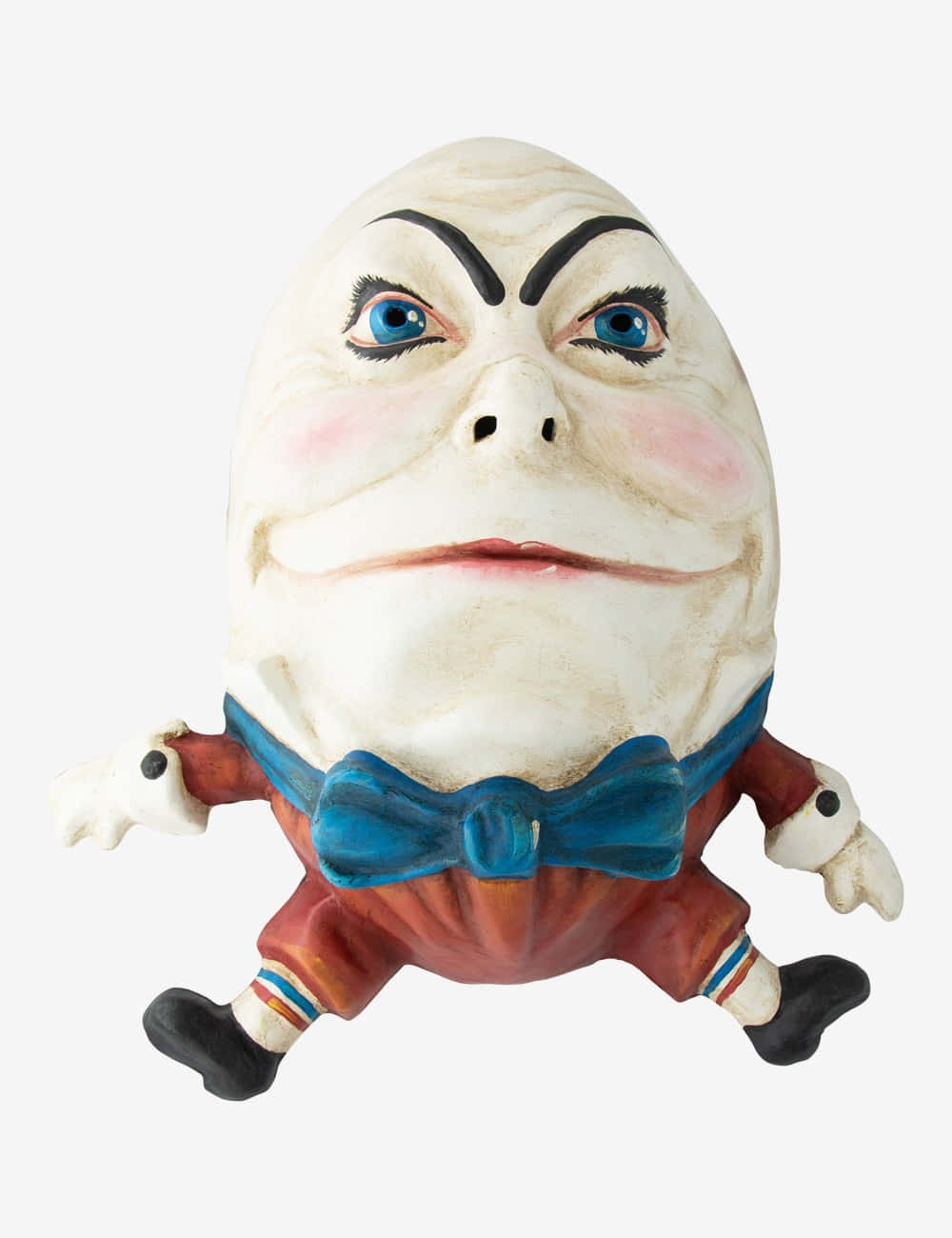 Humpty Dumpty 坐在牆上的可愛插圖 壁紙 — 一個圓臉角色、藍眼睛、戴藍色蝴蝶結的陶瓷公仔，背景簡潔。