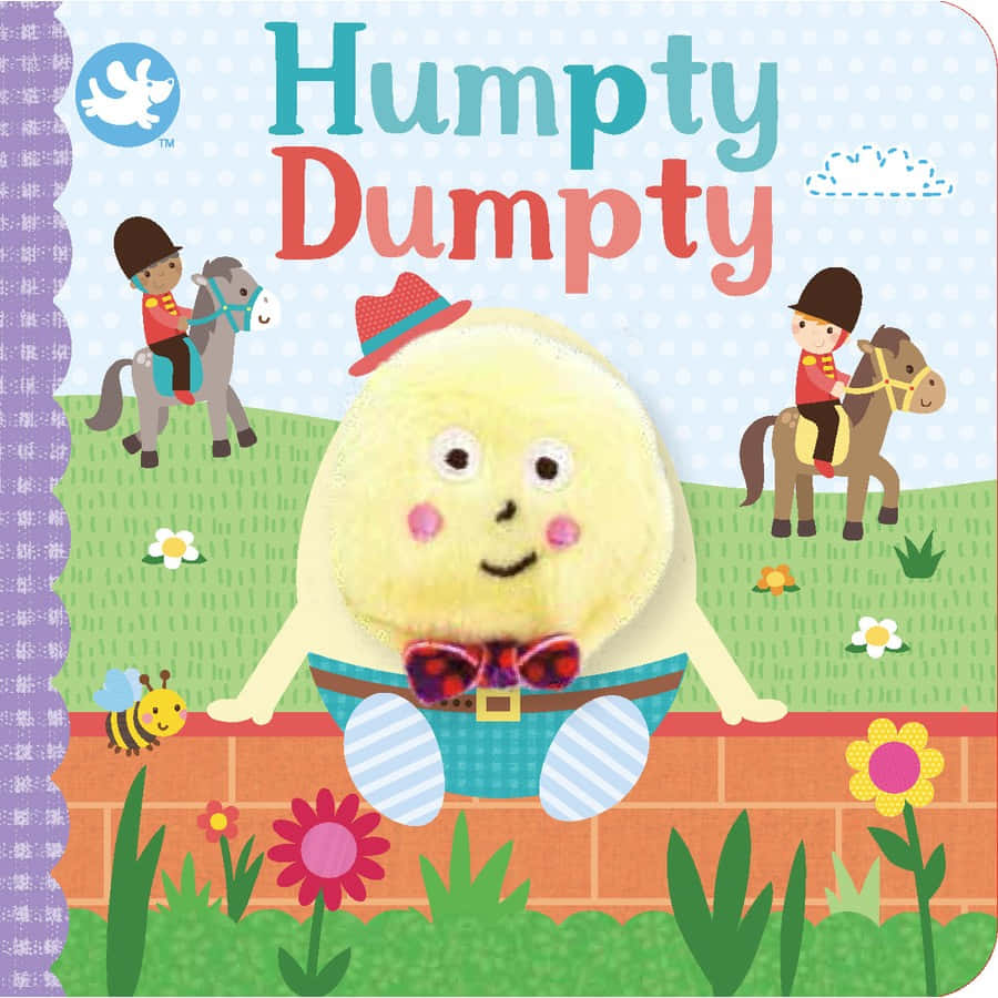 Humpty Dumpty 書籍封面圖 壁紙 — 一個快樂的黃色Humpty Dumpty坐在磚牆上，周圍有鮮花和兩個騎馬的孩子，背景是明亮的卡通風景。