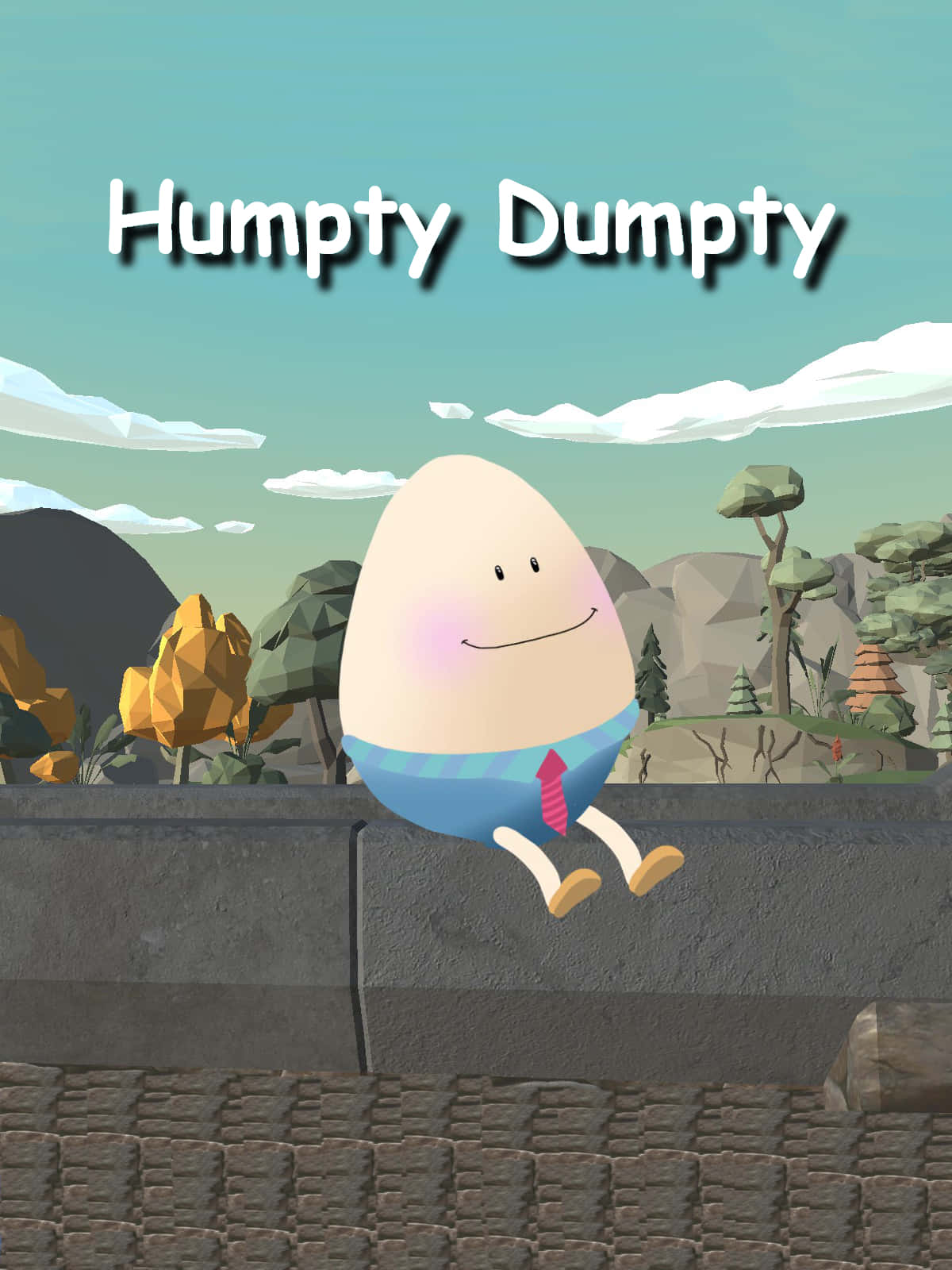 Humpty Dumpty 灰色牆壁圖 壁紙 — 一個穿著藍色西裝和紅色領帶的快樂卡通雞蛋角色坐在風格化的低多邊形景觀中的石牆上。