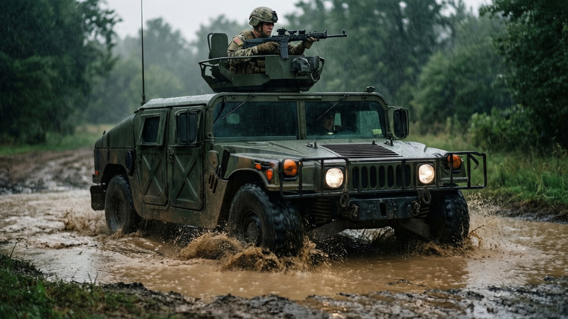 軍用悍馬車在泥濘地形上行駛，士兵從炮塔瞄準步槍
