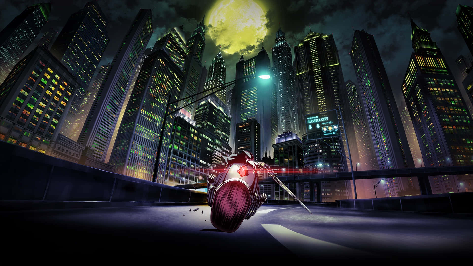  壁紙 — 一輛紅色電單車在霓虹燈照亮嘅城市景觀中飛馳，頭頂係一個巨大嘅黃色月亮，投射出戲劇性嘅陰影。
