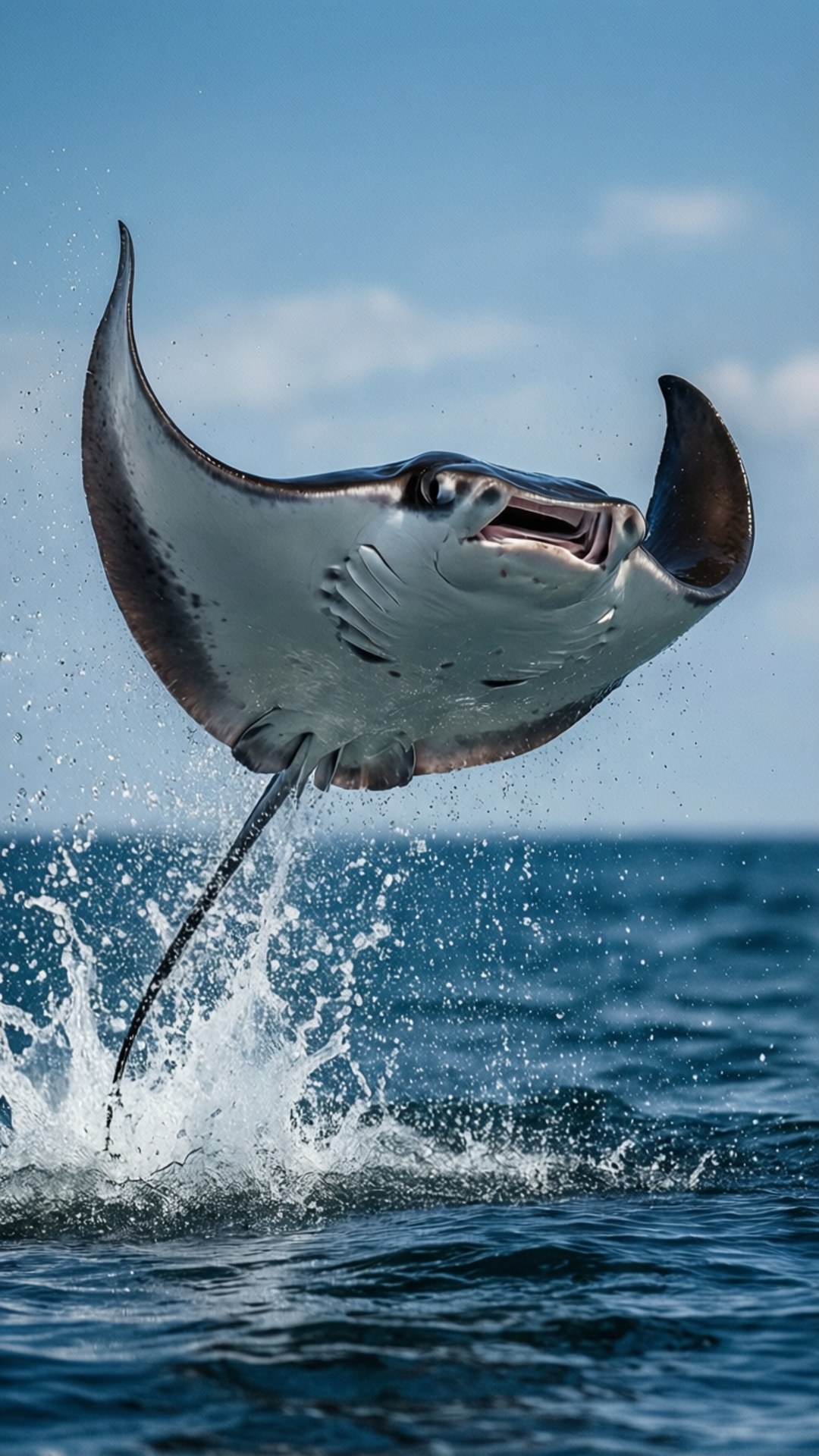 Leaping Stingray 壁紙 — 一隻雄偉嘅魔鬼魚喺晴朗天空下從深藍色海洋水中戲劇性地躍出。