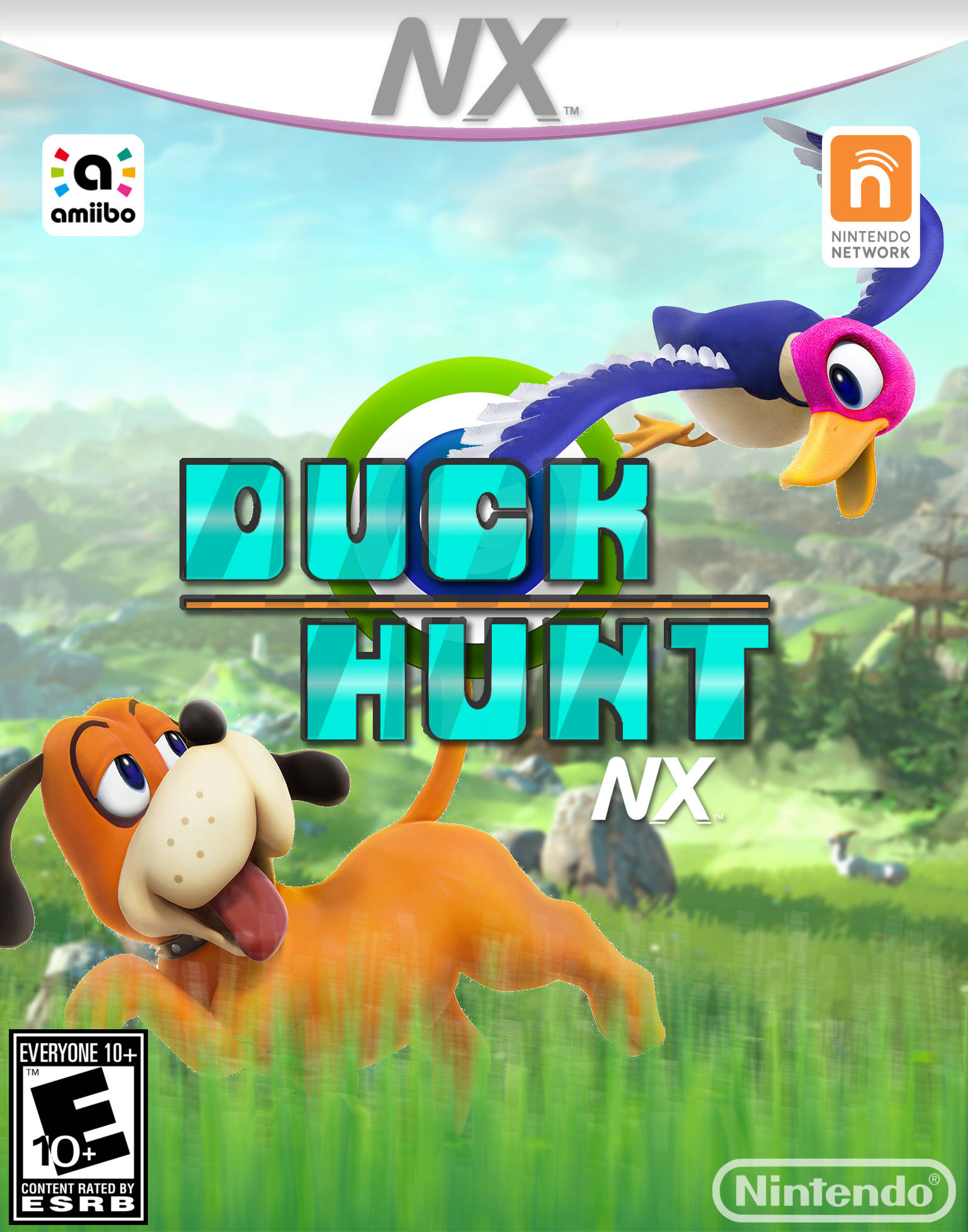 鴨 hunt 遊戲海報 壁紙 — 一隻快樂的橙色狗在明亮的天空下，穿過充滿活力的綠色草地追逐一隻色彩繽紛的鴨子。