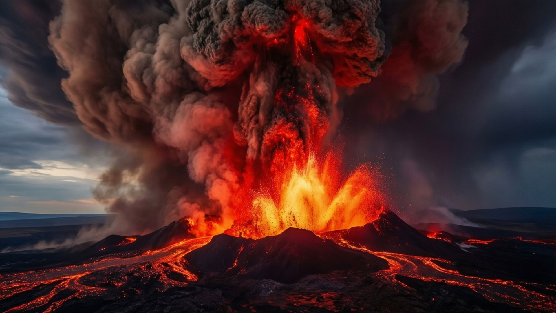 Volcanic Fury 壁紙 — 火山爆發將熾熱的熔岩和濃煙噴向風暴中的暮色天空。