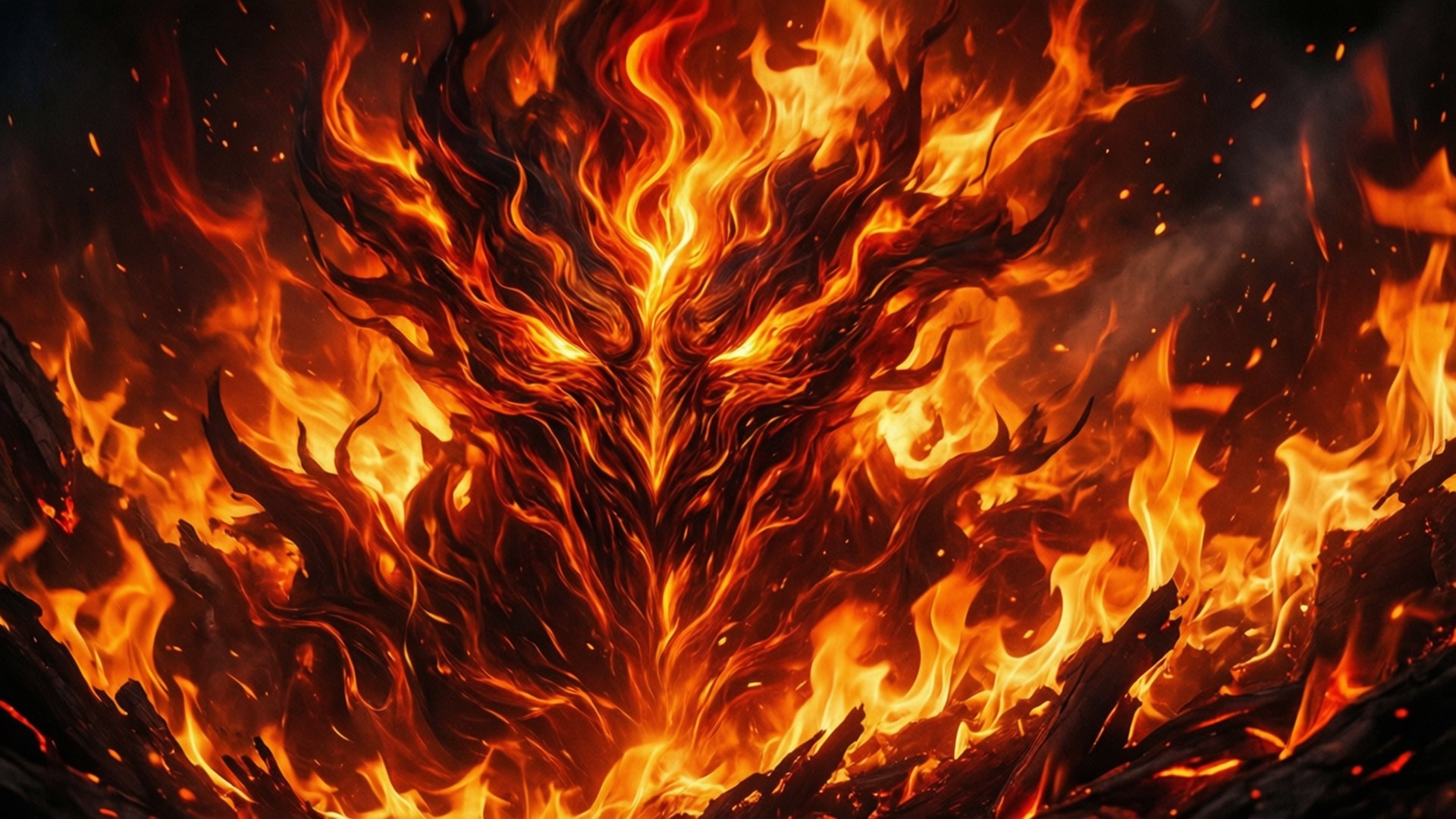 Blazing Inferno Background 壁紙 — 一個怪獸般的火焰龍頭從烈焰中爆發，帶有發光的眼睛和噼啪作響的橙色餘燼，背景為黑色。