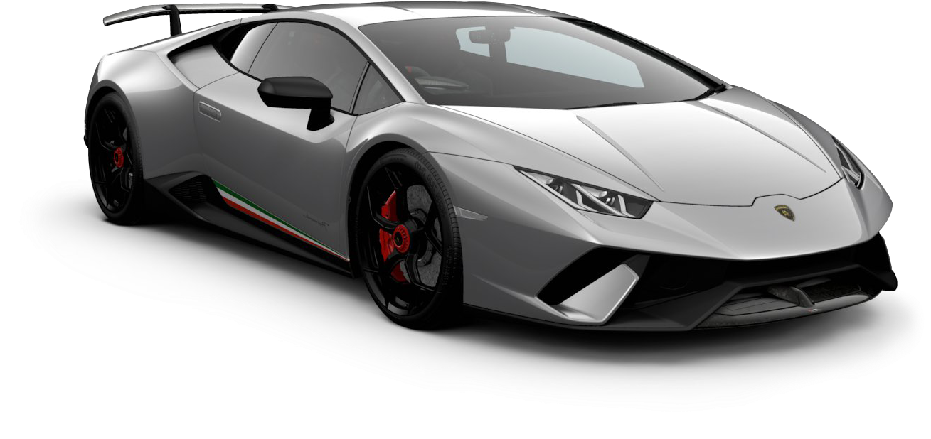 銀色蘭博基尼Huracan Evo側面視圖 壁紙 — 一輛時尚的銀色林寶堅尼跑車，配備紅色制動卡鉗和意大利國旗條紋，在白色工作室背景上。
