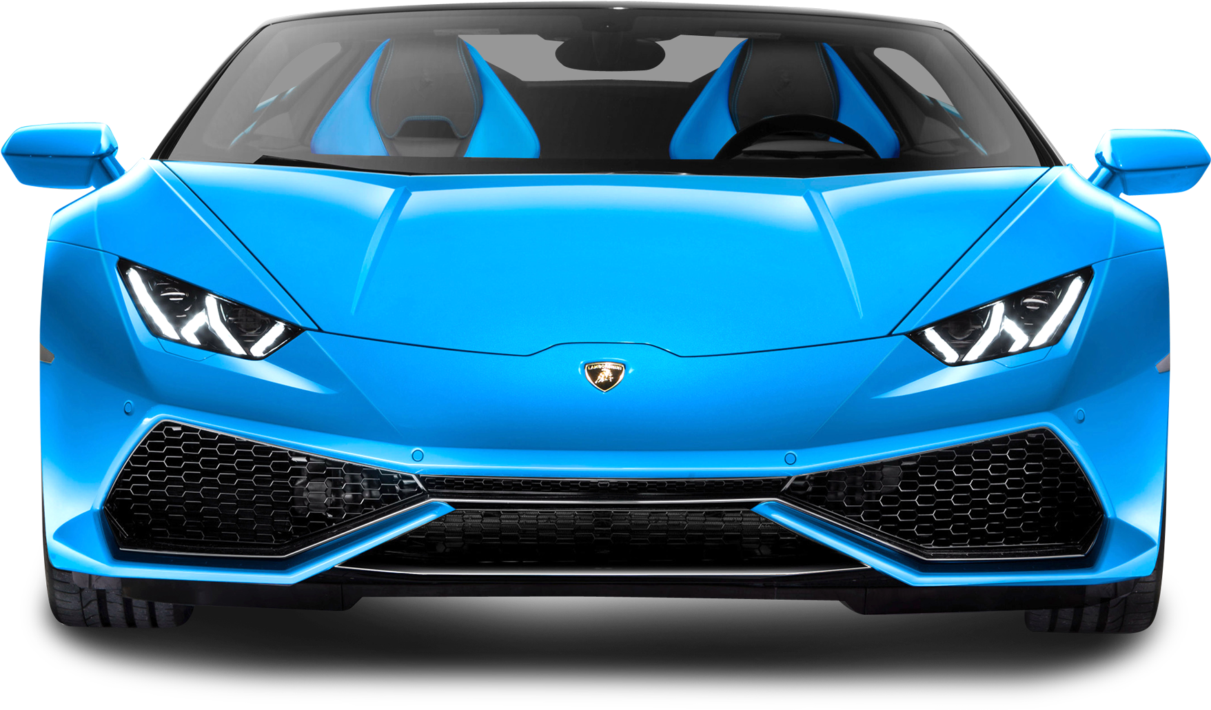 藍色蘭博基尼Huracan Evo正面視圖 壁紙 — 鮮藍色林寶堅尼跑車正面視圖，配以鋒利頭燈和黑色蜂巢式格柵，背景為黑色。