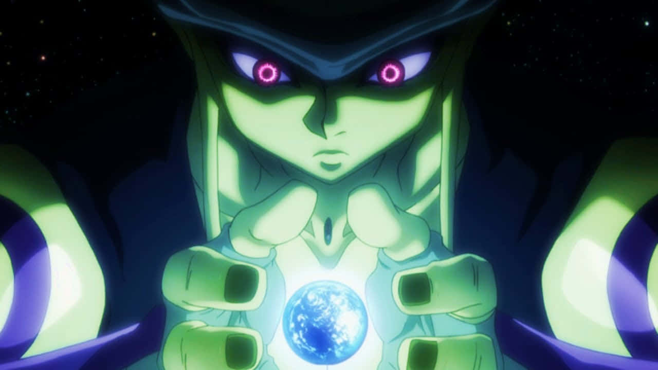 梅魯姆 HxH 头像 壁紙 — 一個威脅性的綠色皮膚動漫反派，擁有發光的粉紅色眼睛，在星光宇宙背景下雙手捧著一顆發光的藍色星球。